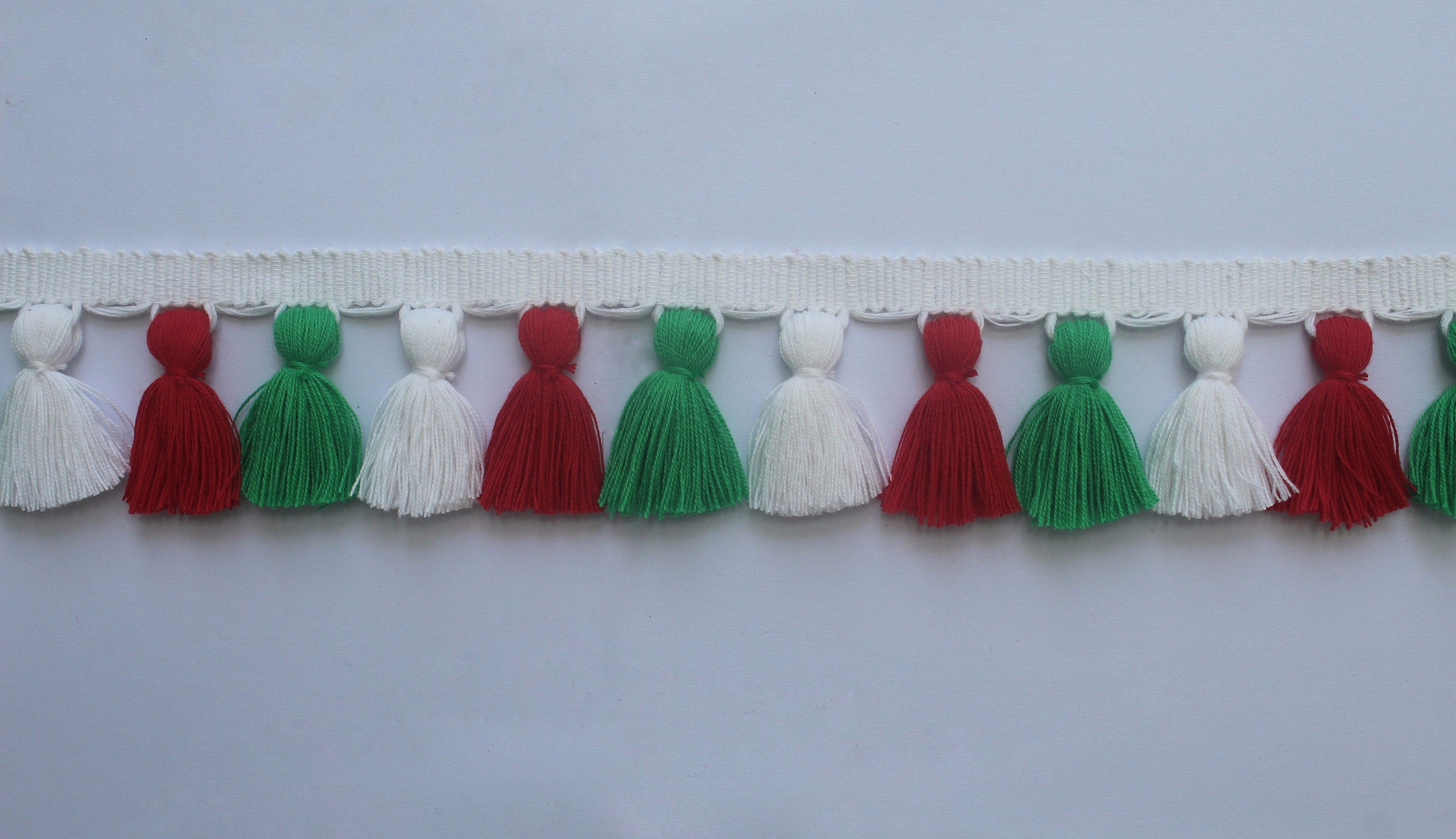 Christmas decorations, Christmas trimmings, Christmas tassel garland, white tassel trim, red tassel trim, green tassel trim