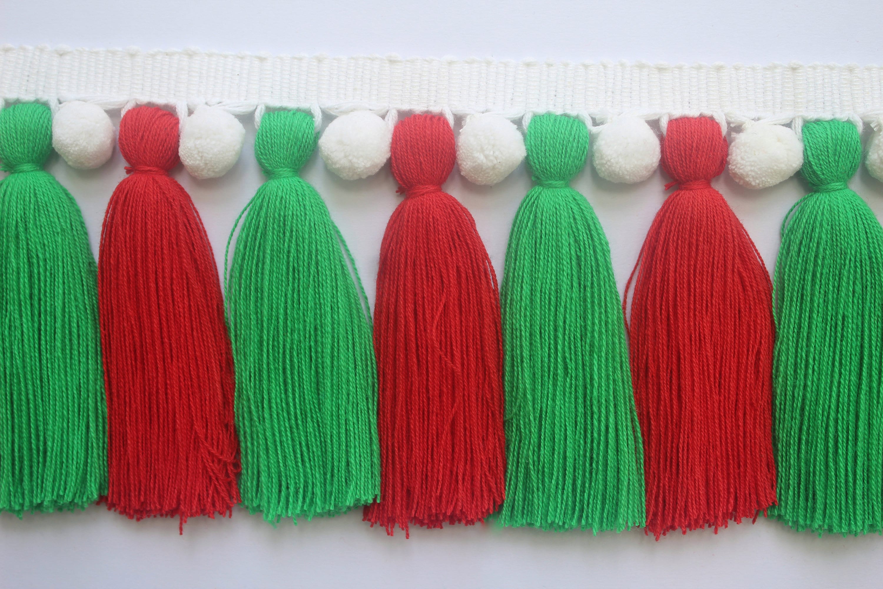 Christmas decorations, Christmas trimmings, Christmas tassel garland, green tassel, red tassel, multi colored tassel trim, white pom pom