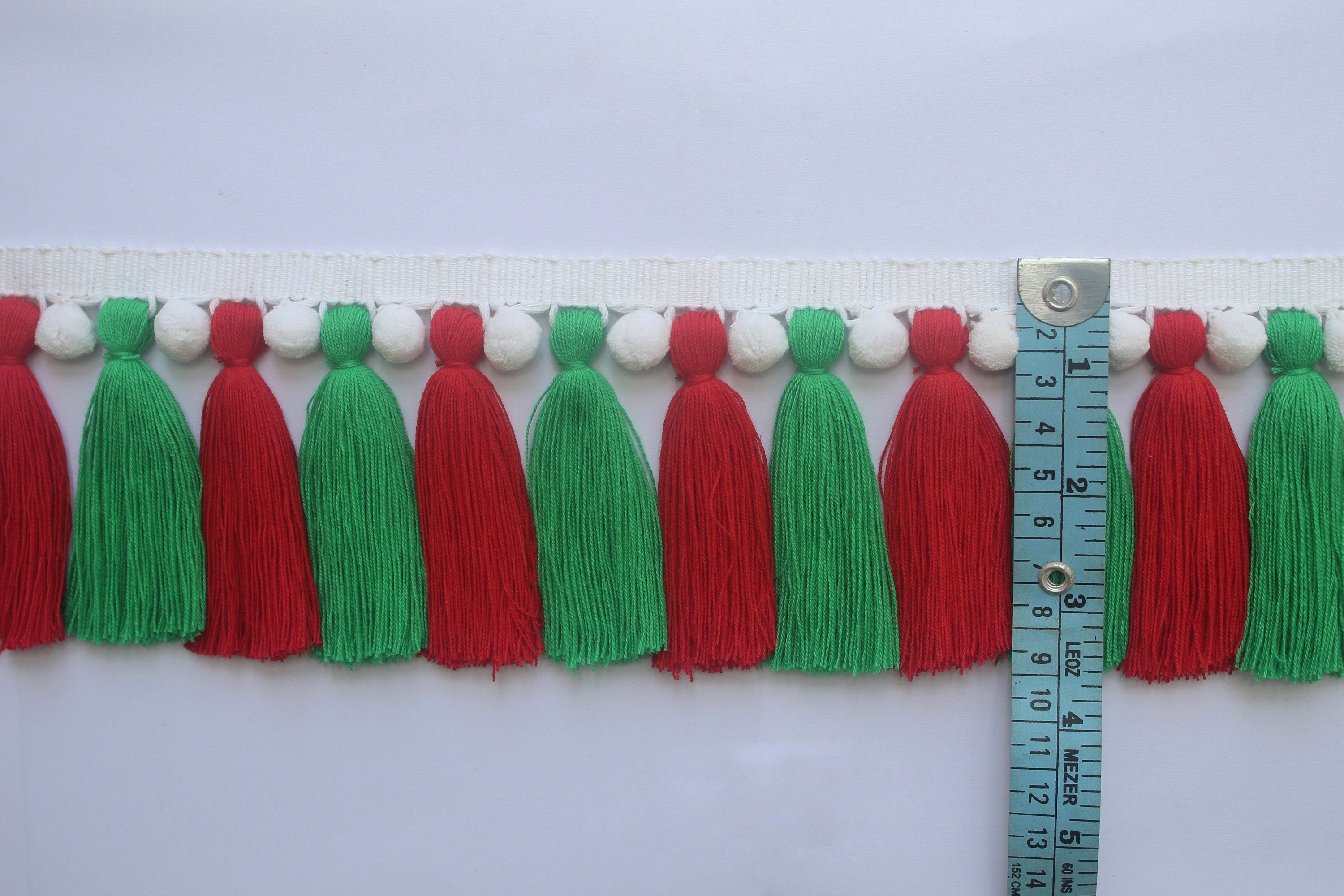 Christmas decorations, Christmas trimmings, Christmas tassel garland, green tassel, red tassel, multi colored tassel trim, white pom pom
