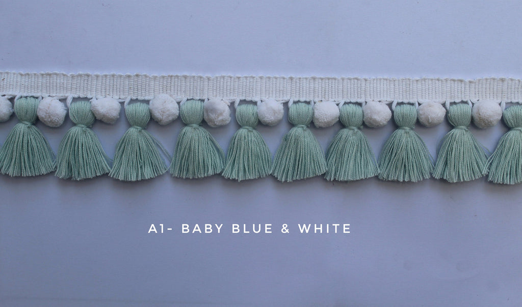 Tassel trim fringe, pom pom trim fringe, baby blue  white pom pom tassel, white pom pom, blue tassel trim, pom pom tassel trim, tassel trim
