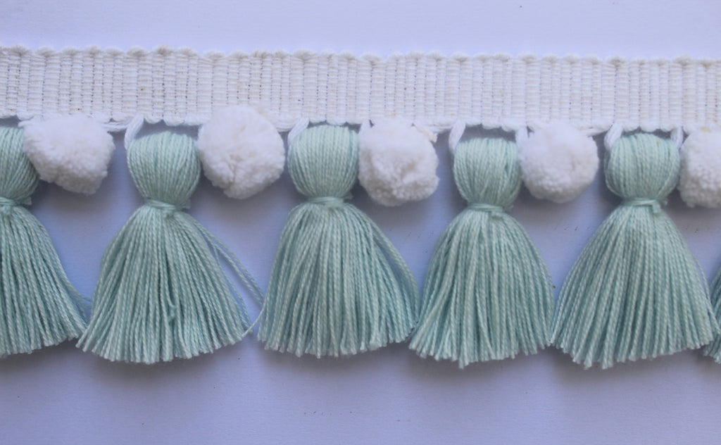 Tassel trim fringe, pom pom trim fringe, baby blue  white pom pom tassel, white pom pom, blue tassel trim, pom pom tassel trim, tassel trim