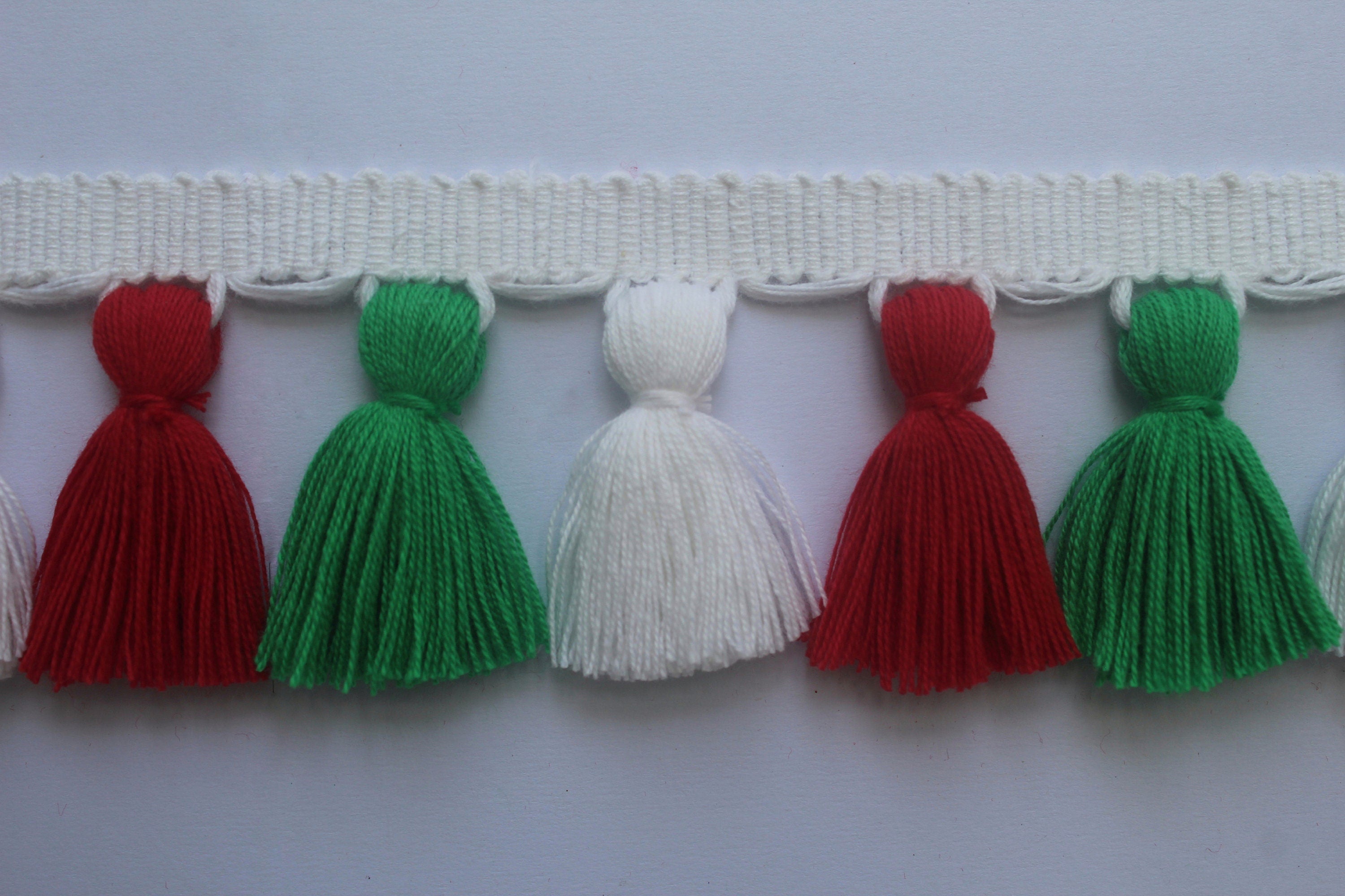 Christmas decorations, Christmas trimmings, Christmas tassel garland, white tassel trim, red tassel trim, green tassel trim