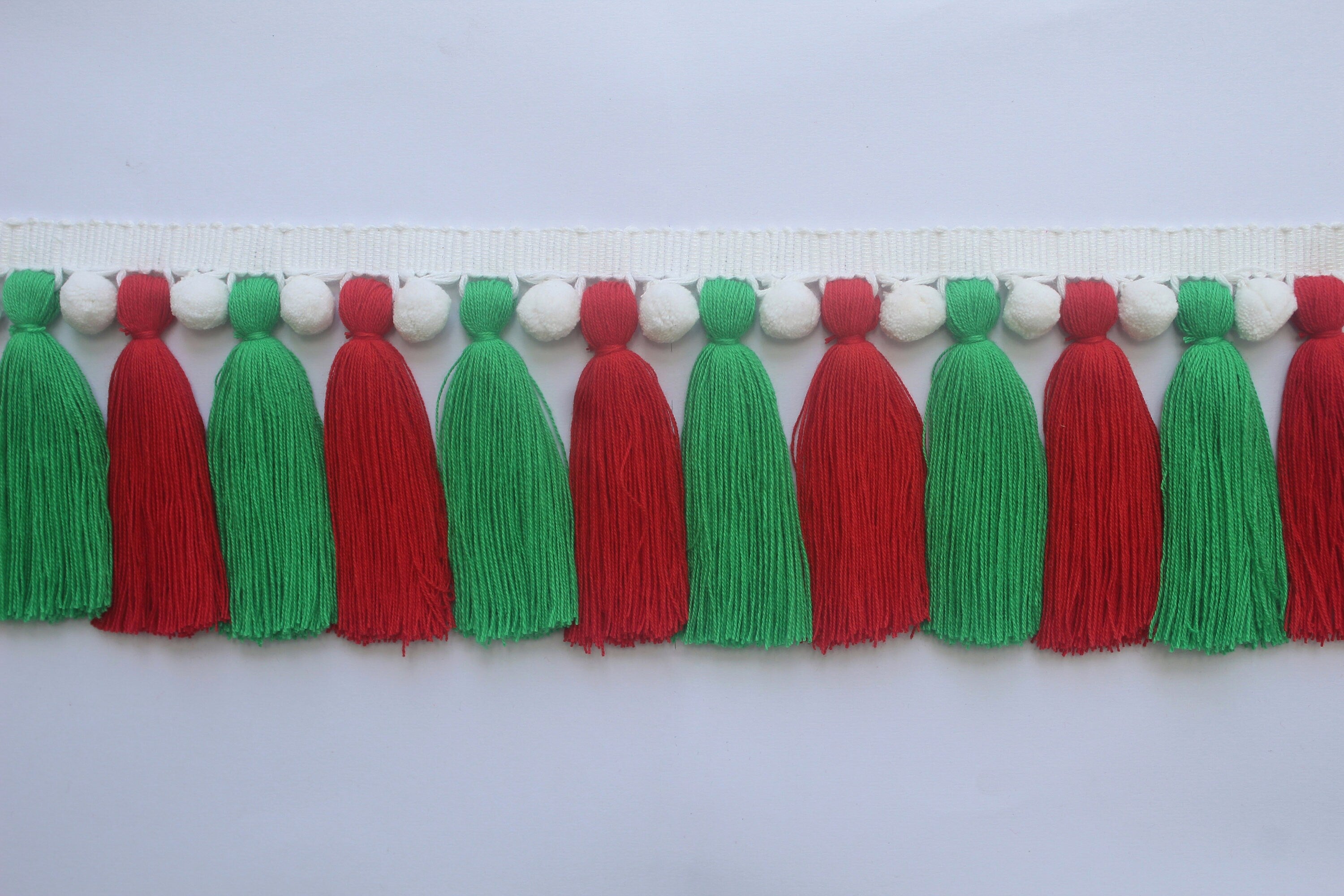 Christmas decorations, Christmas trimmings, Christmas tassel garland, green tassel, red tassel, multi colored tassel trim, white pom pom