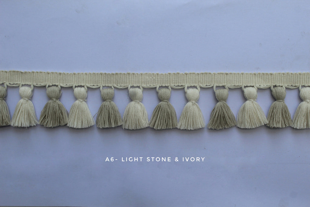 Light stone and ivory tassel trim, tasssl fringe, tassel fringe trim, fringe trim, fringe tassel, trim, home decor, tasssl and trims