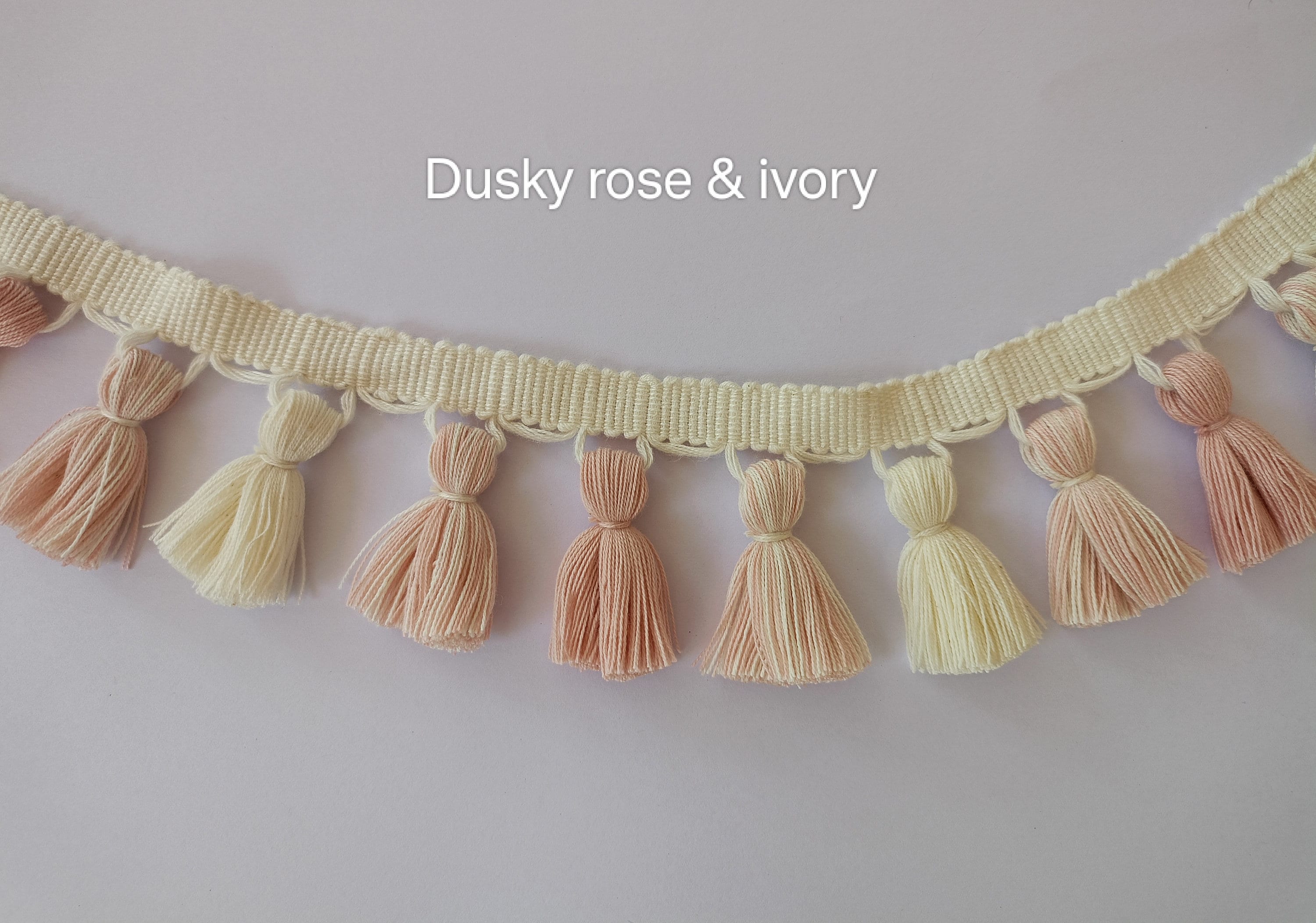 tassel trim by the yard, tassel fringe trim, Tassel trim, pom pom trim, multi colored pom pom tassel trim,blue tassel, dusky rose and ivory