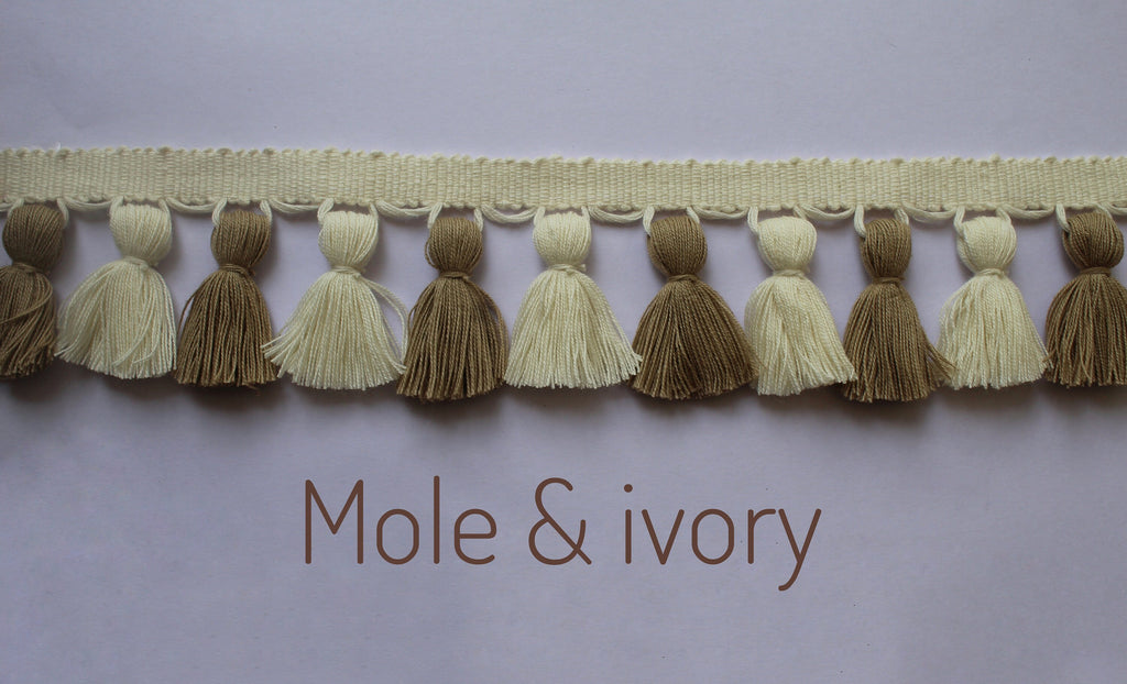 Tassel trim by the yard, mole and ivory tassel trim, lampshade trim by the yard, Fringe for Drapery, Tassel trim, Curtain Trim, tassels
