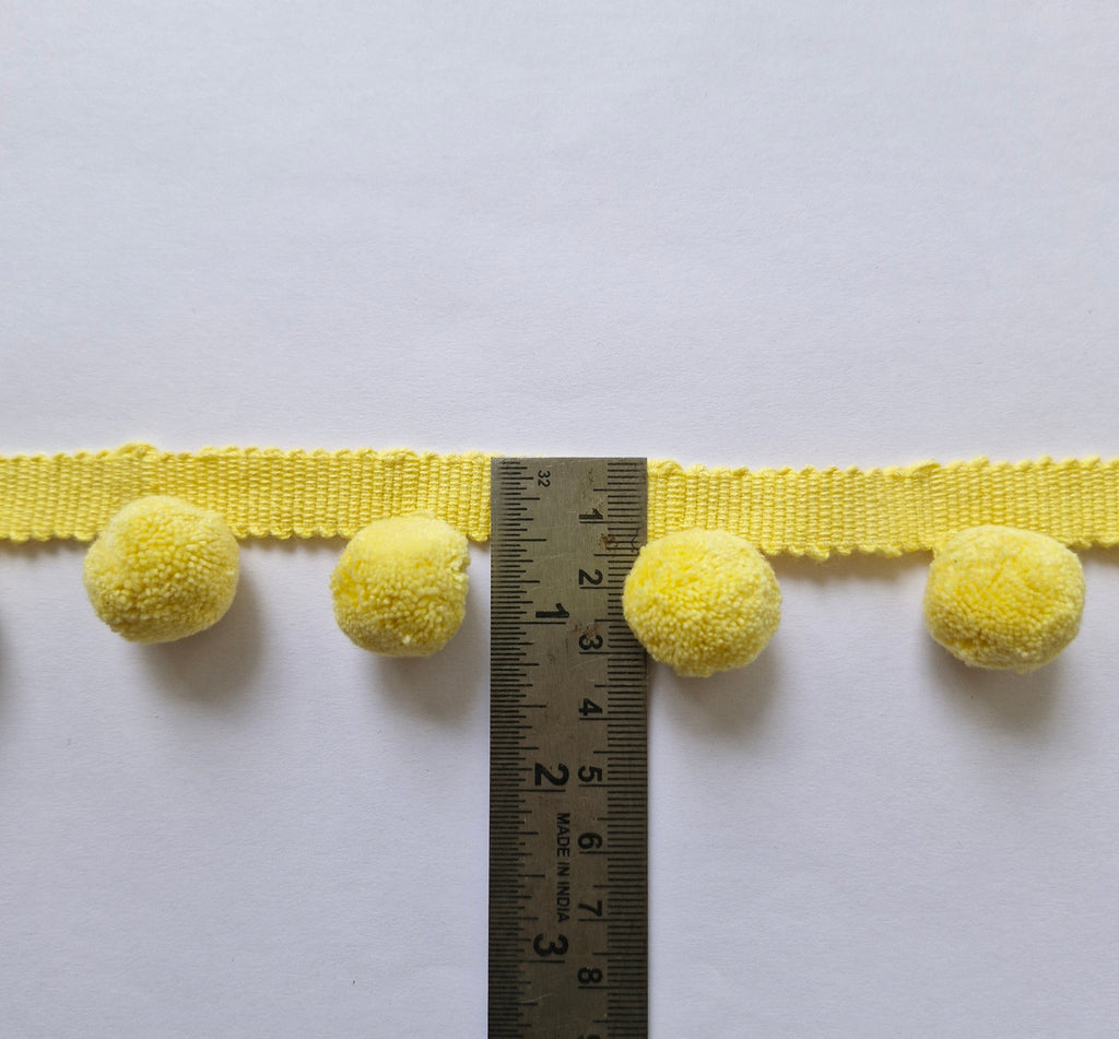 Yellow 100% Cotton Pom Pom Trim Fringe | 2 cm-0.78 inches Height Lace Ribbon Fringe Trim by the meter, handmade cotton pom pom trim, pom pom