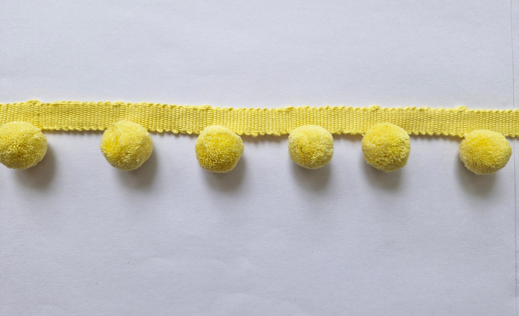 Yellow 100% Cotton Pom Pom Trim Fringe | 2 cm-0.78 inches Height Lace Ribbon Fringe Trim by the meter, handmade cotton pom pom trim, pom pom