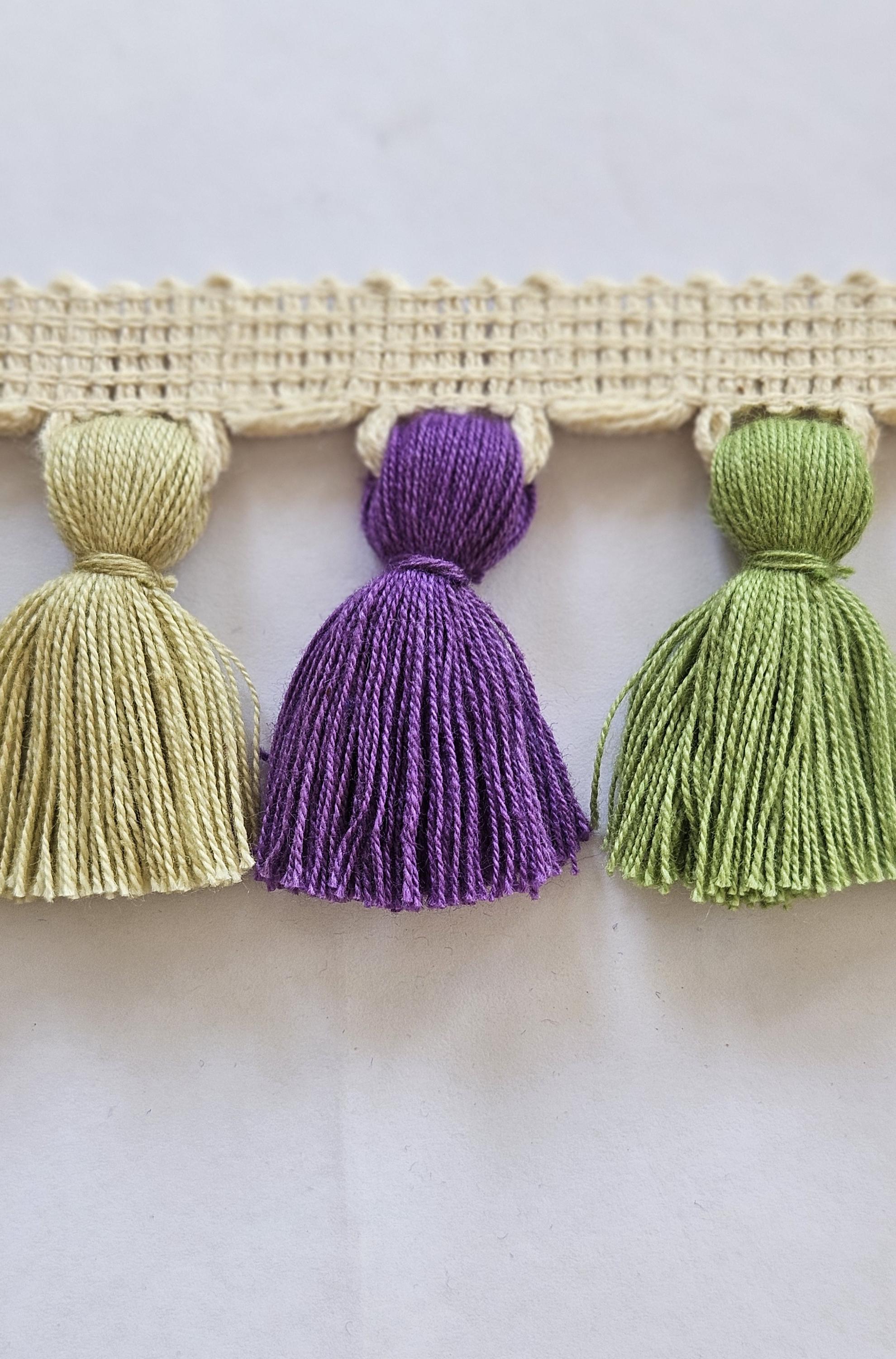 Multi colored tassel fringe trim, Mulberry color tassel, Soft olive tassel, Jute tassel, tassel trim for curtain, curtain trims, fringe trim