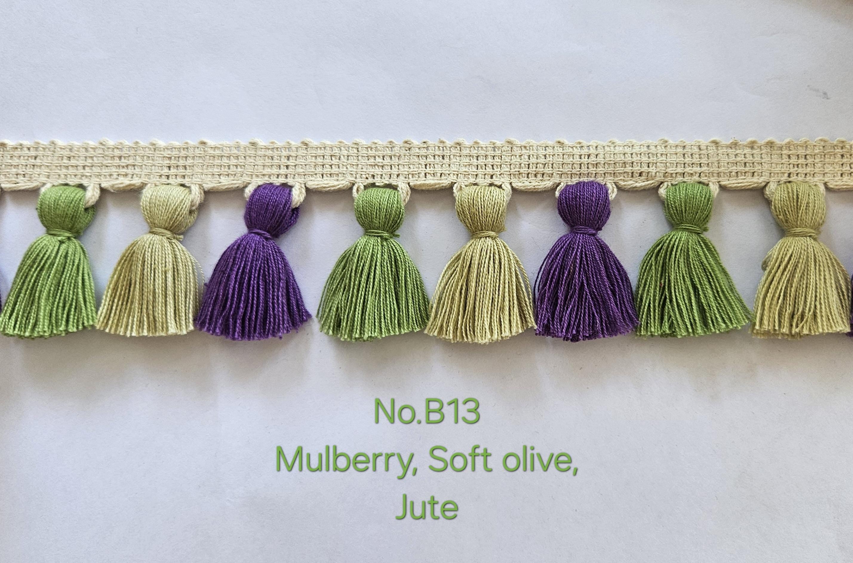 Multi colored tassel fringe trim, Mulberry color tassel, Soft olive tassel, Jute tassel, tassel trim for curtain, curtain trims, fringe trim
