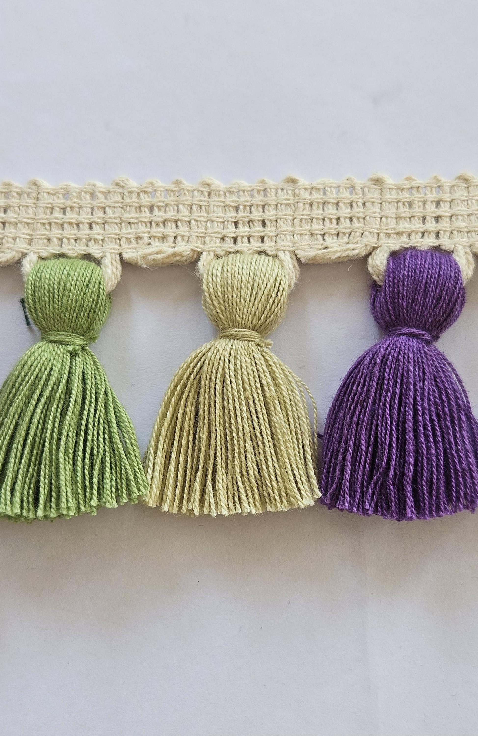 Multi colored tassel fringe trim, Mulberry color tassel, Soft olive tassel, Jute tassel, tassel trim for curtain, curtain trims, fringe trim