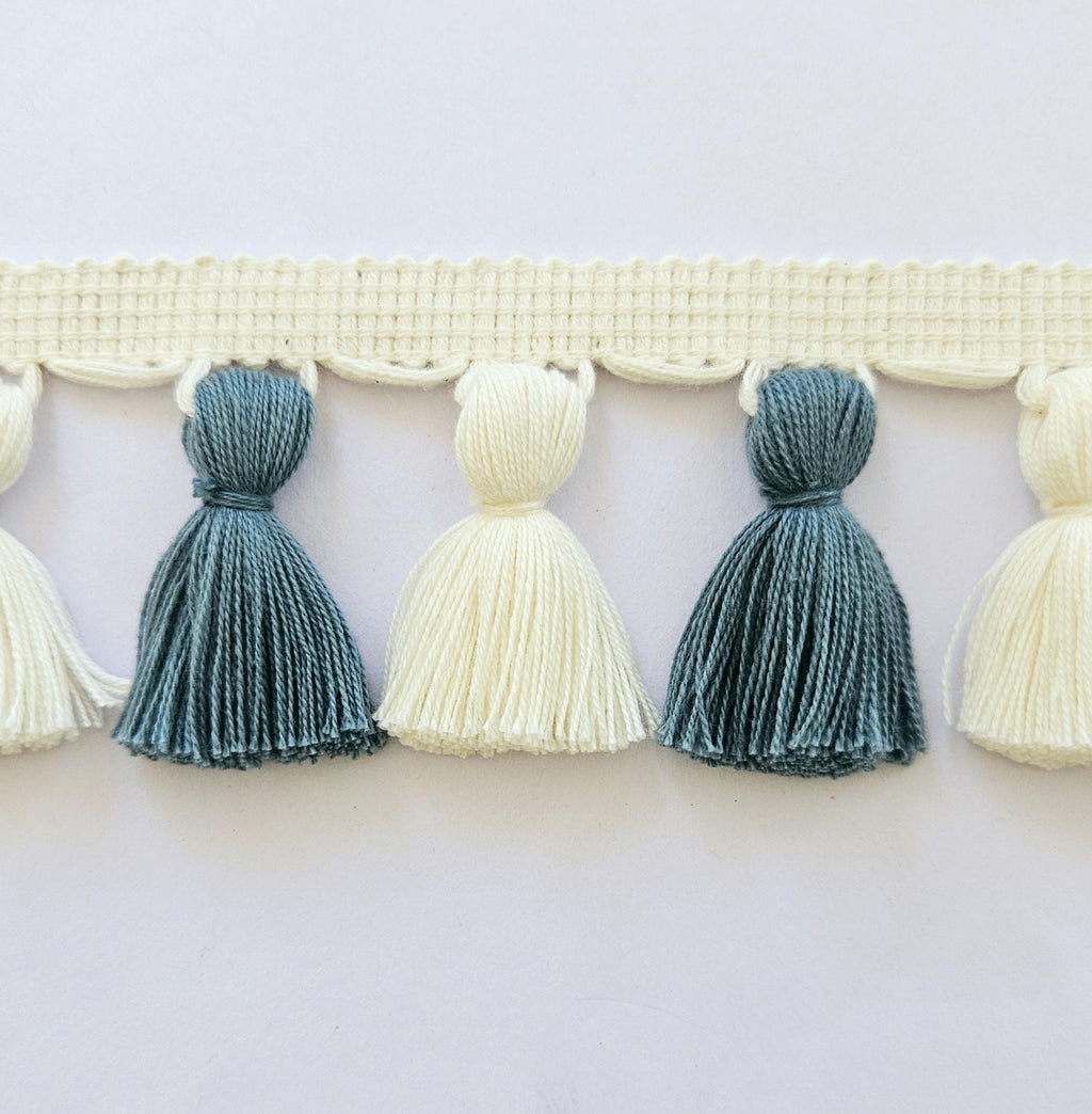 French blue and ivory tassel trim, tasssl fringe, tassel fringe trim, fringe trim, fringe tassel, trim, home decor, tasssl and trims,  gift