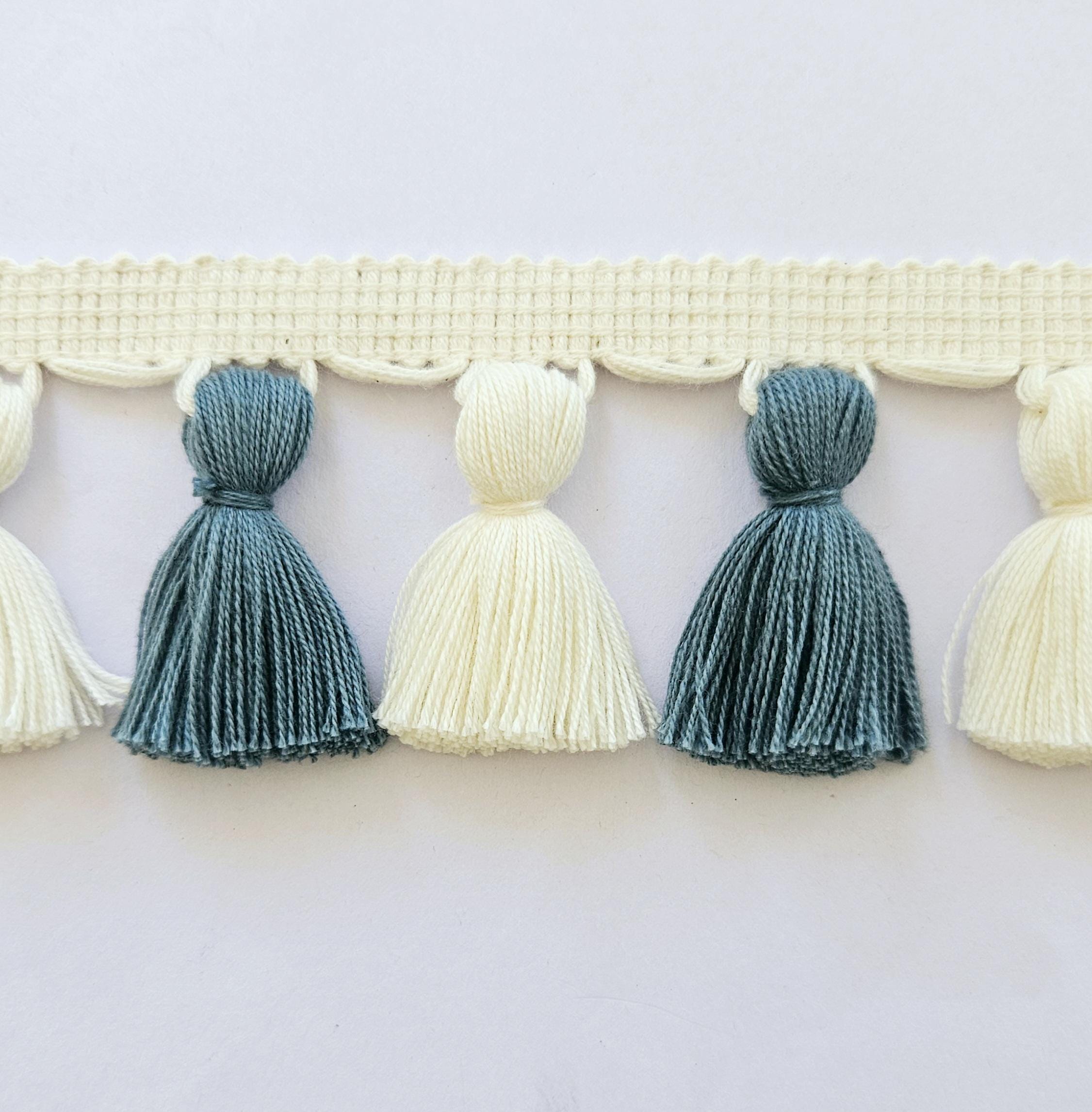 French blue and ivory tassel trim, tasssl fringe, tassel fringe trim, fringe trim, fringe tassel, trim, home decor, tasssl and trims,  gift