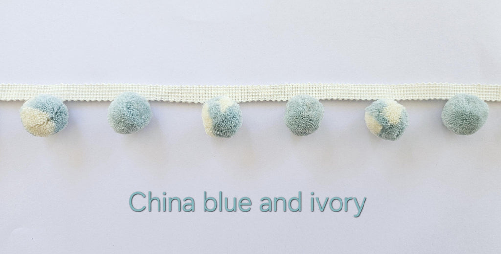 2cmChina blue and ivory pom pom trim,  pom pom trim, pom pom fringe, pom pom fringes, bobble trim, pom pom garland, cushion pom pom, pom pom