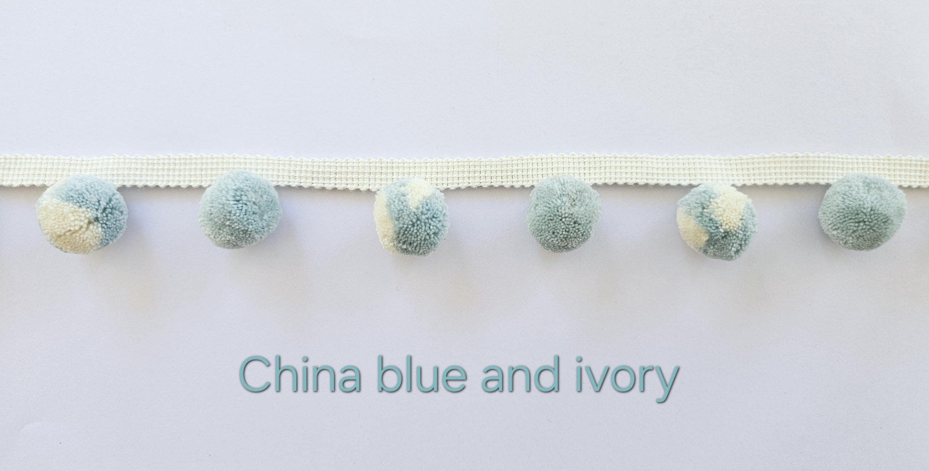 2cmChina blue and ivory pom pom trim,  pom pom trim, pom pom fringe, pom pom fringes, bobble trim, pom pom garland, cushion pom pom, pom pom