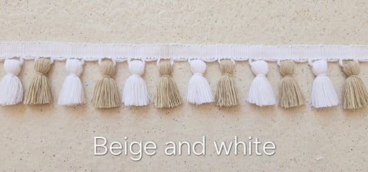 Beige color and white color tassel fringe trim, tassel trim, tassel trim by the yard, tassel fringe, trim for cushions, trim for curtains