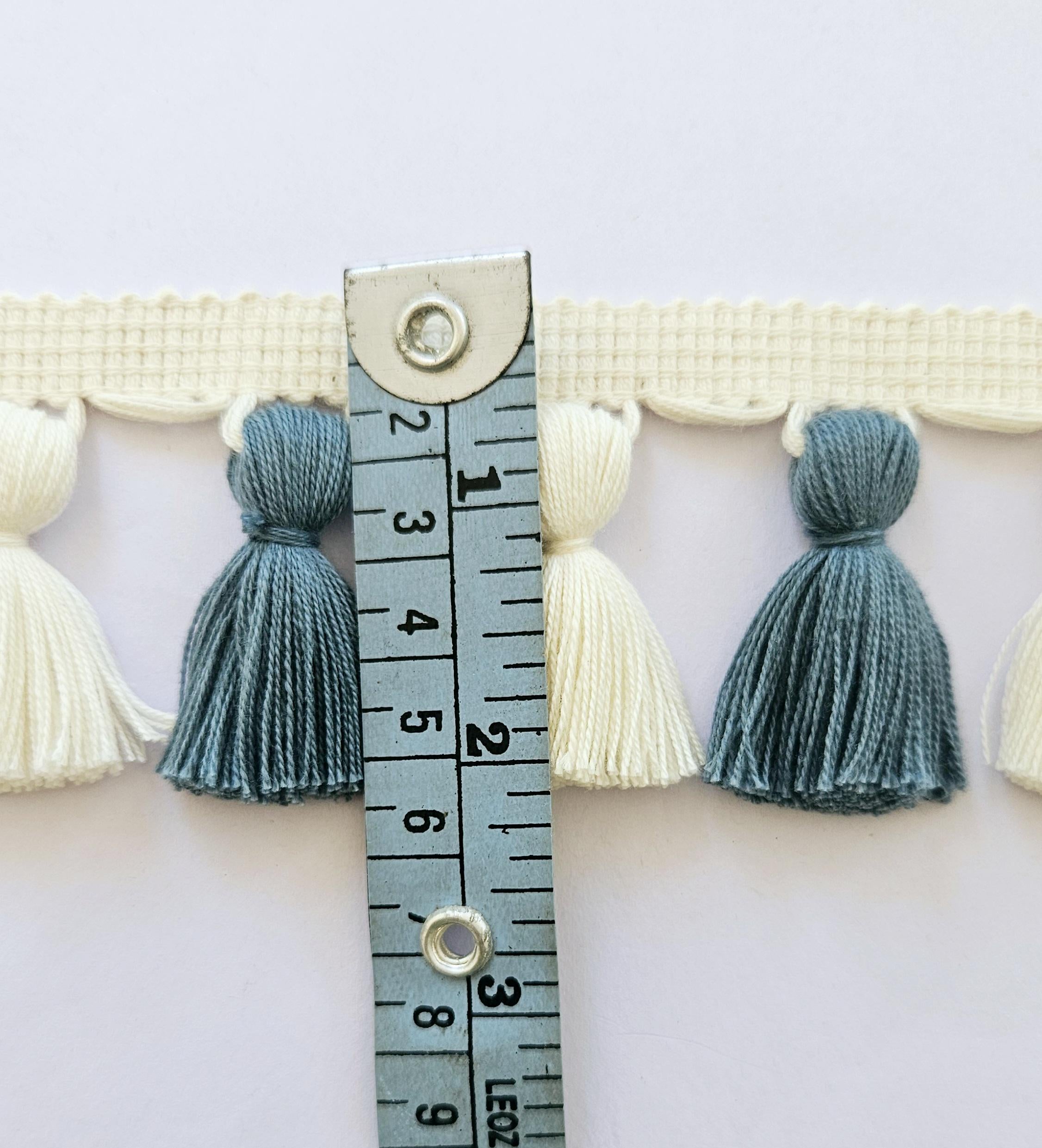 French blue and ivory tassel trim, tasssl fringe, tassel fringe trim, fringe trim, fringe tassel, trim, home decor, tasssl and trims,  gift