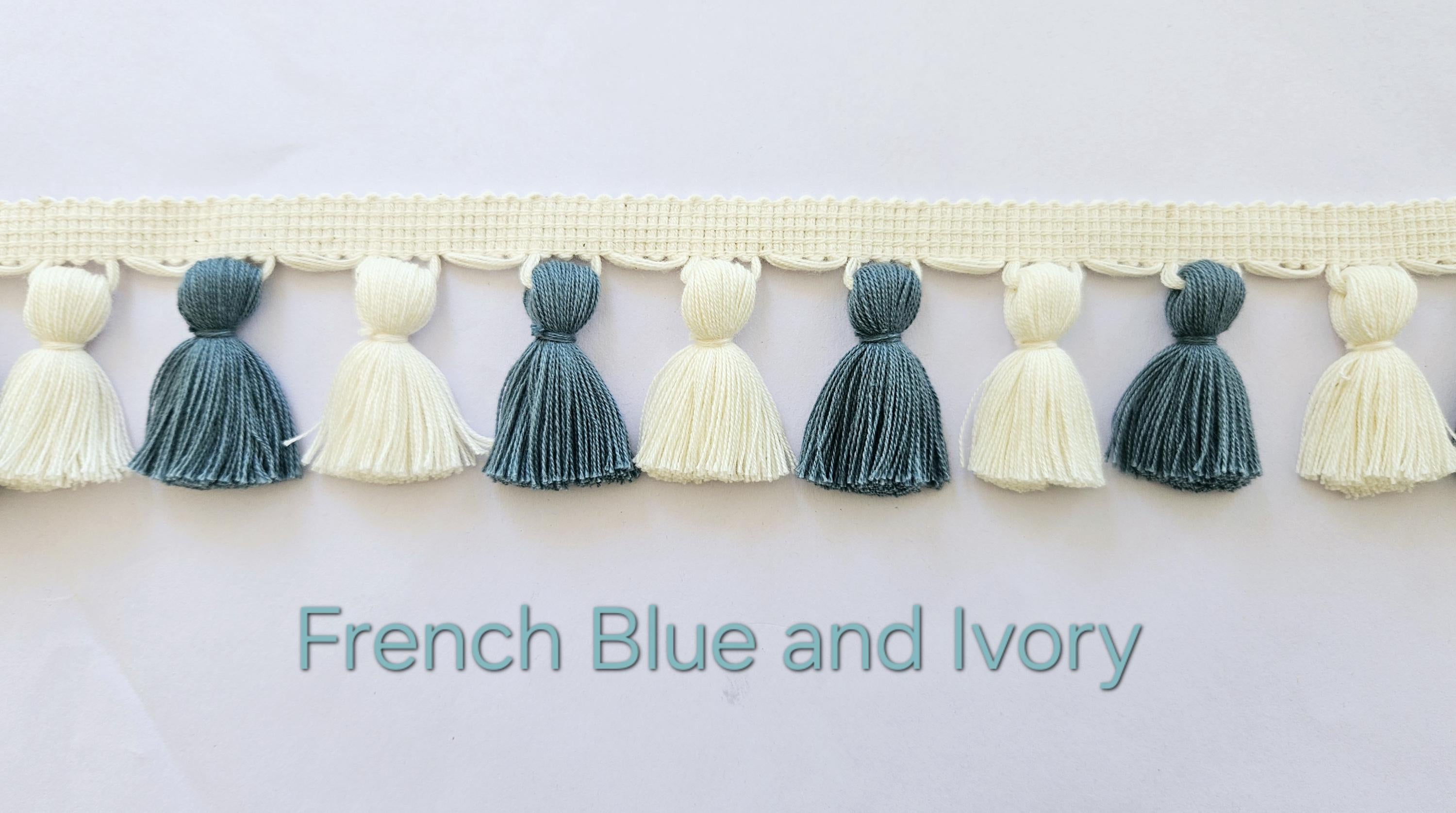 French blue and ivory tassel trim, tasssl fringe, tassel fringe trim, fringe trim, fringe tassel, trim, home decor, tasssl and trims,  gift