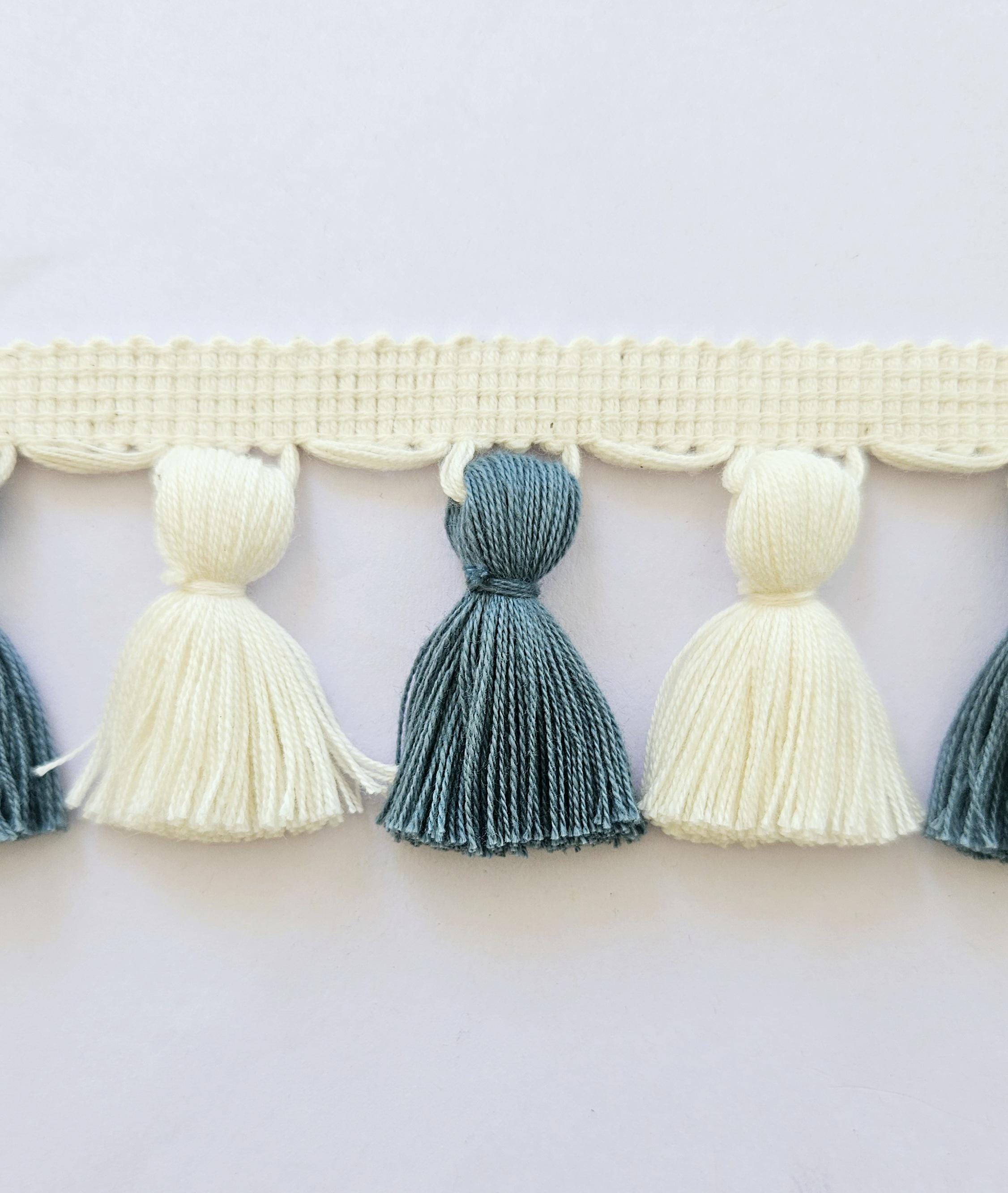 French blue and ivory tassel trim, tasssl fringe, tassel fringe trim, fringe trim, fringe tassel, trim, home decor, tasssl and trims,  gift