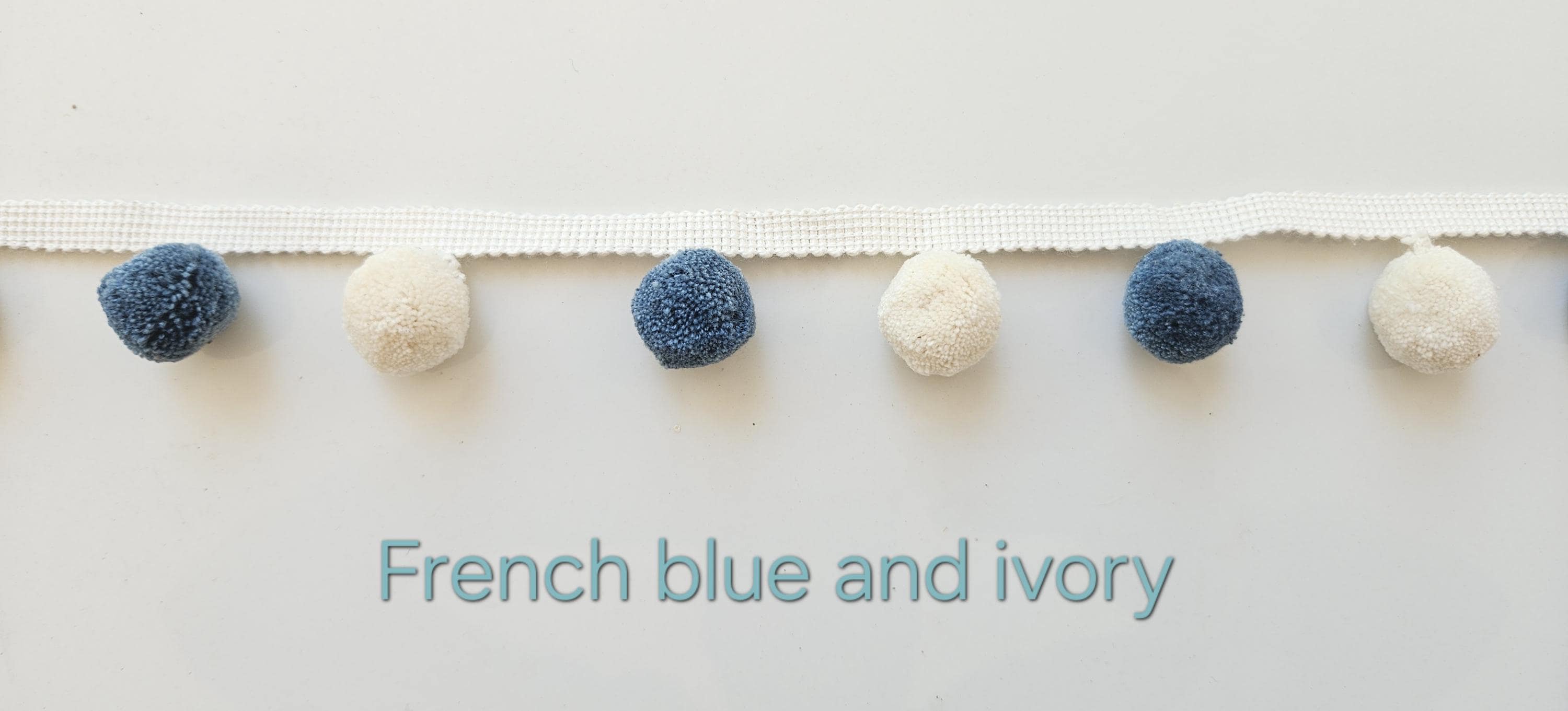 French blue ivory pom pom trim, Pom Pom trimming, pom pom trim, trim for curtains,  pom pom,  pom poms, pom pom fringe, fringes, blue