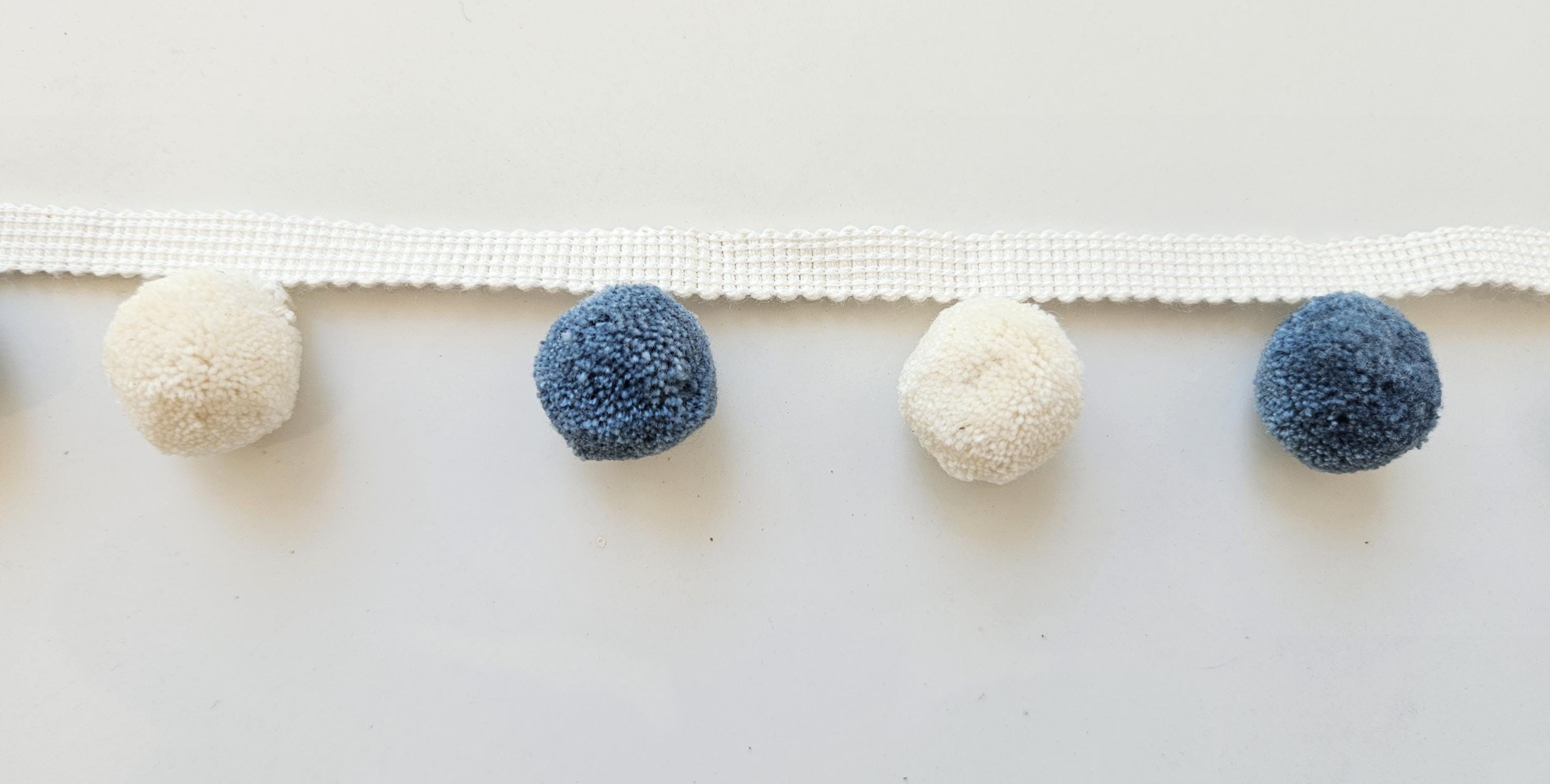French blue ivory pom pom trim, Pom Pom trimming, pom pom trim, trim for curtains,  pom pom,  pom poms, pom pom fringe, fringes, blue