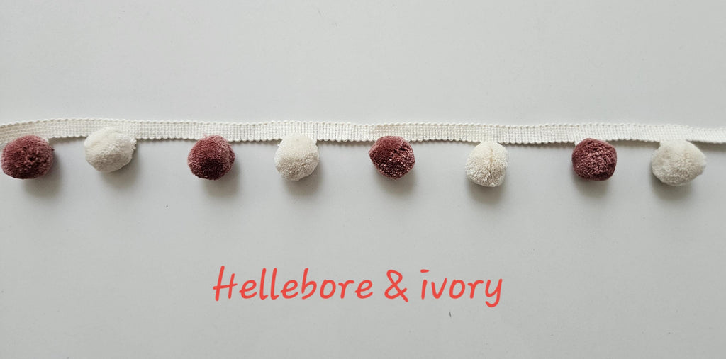 Hellebore and ivory pom pom trim, pom pom trim, pom pom for cushions, pom pom for curtains, pom pom for pillow cover, bobble trims, pom poms