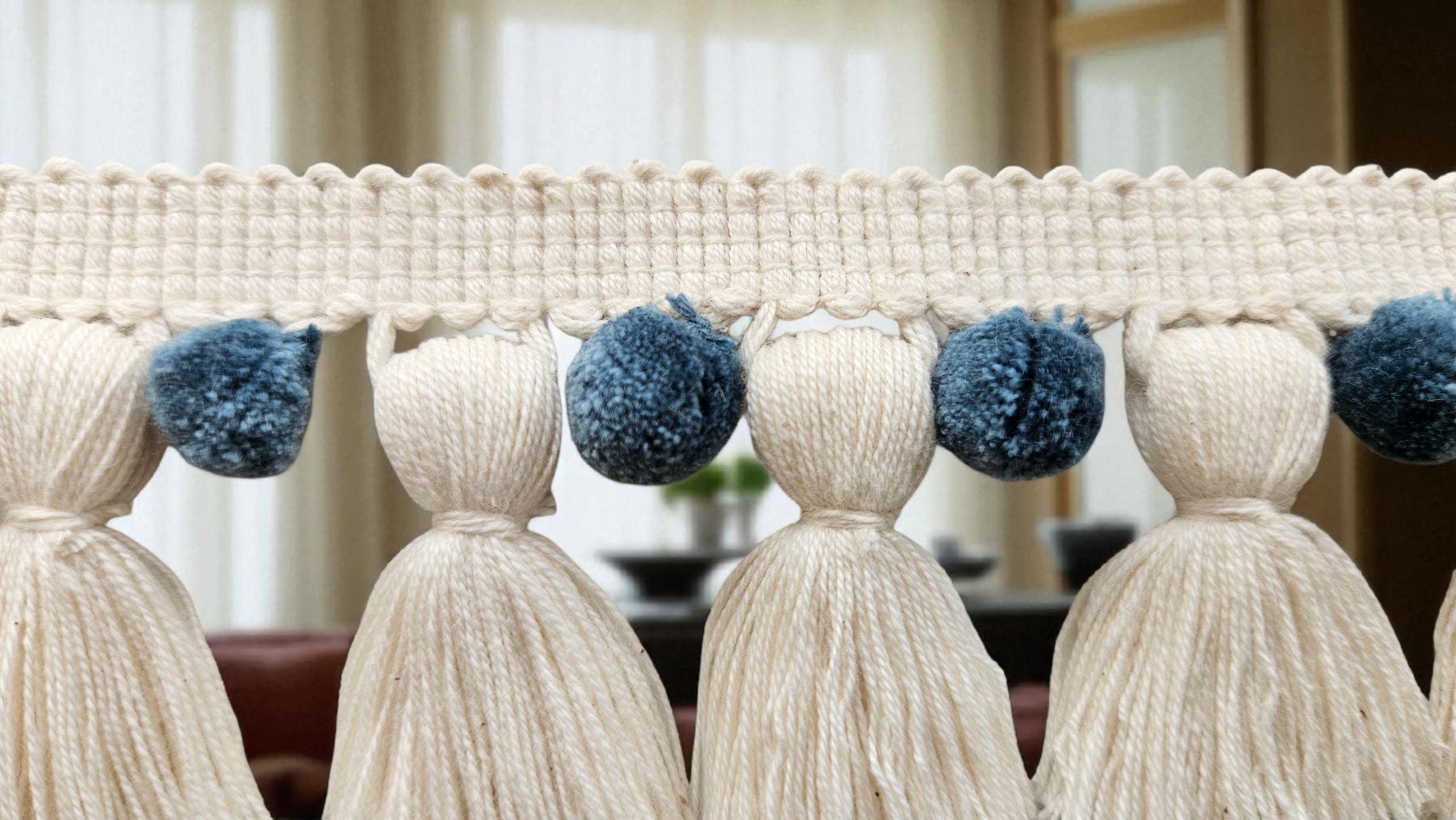 French blue and ivory pom pom tassel trim,  trim by the yard,  pom pom by the yard, tassel fringe trim, pom pom trim, curtain pom pom trim