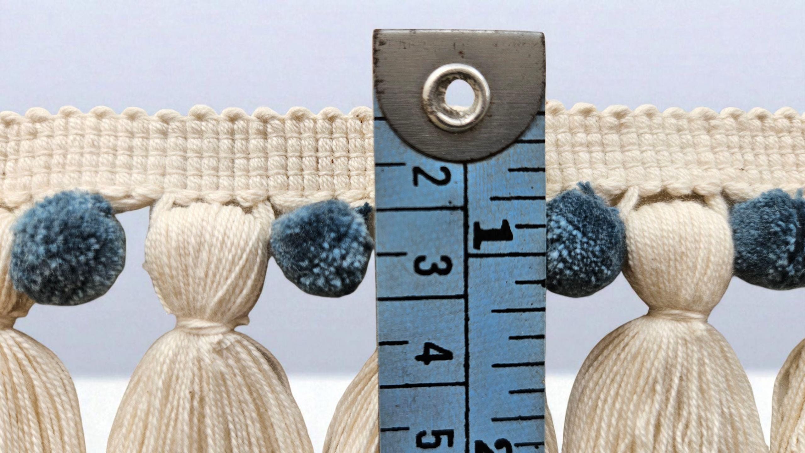 French blue and ivory pom pom tassel trim,  trim by the yard,  pom pom by the yard, tassel fringe trim, pom pom trim, curtain pom pom trim