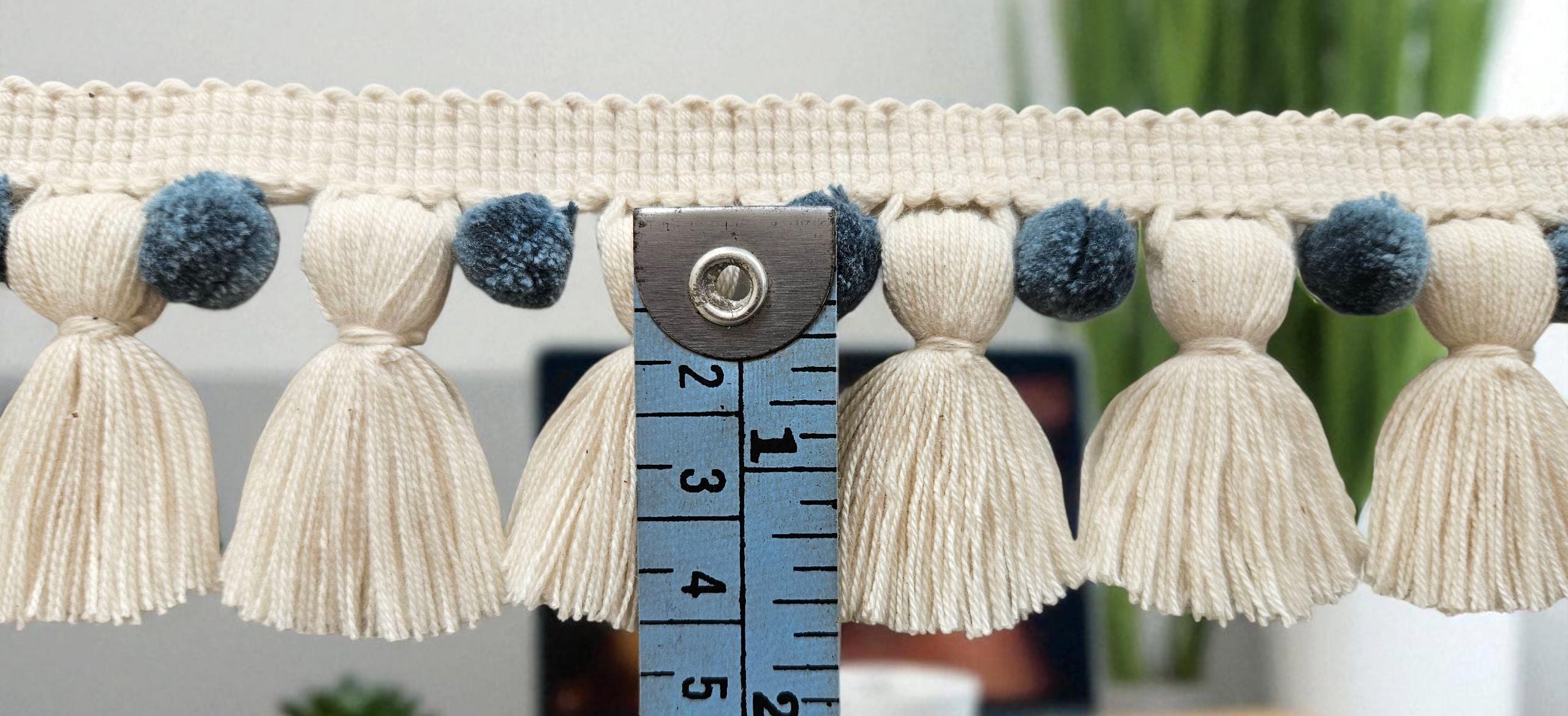 French blue and ivory pom pom tassel trim,  trim by the yard,  pom pom by the yard, tassel fringe trim, pom pom trim, curtain pom pom trim