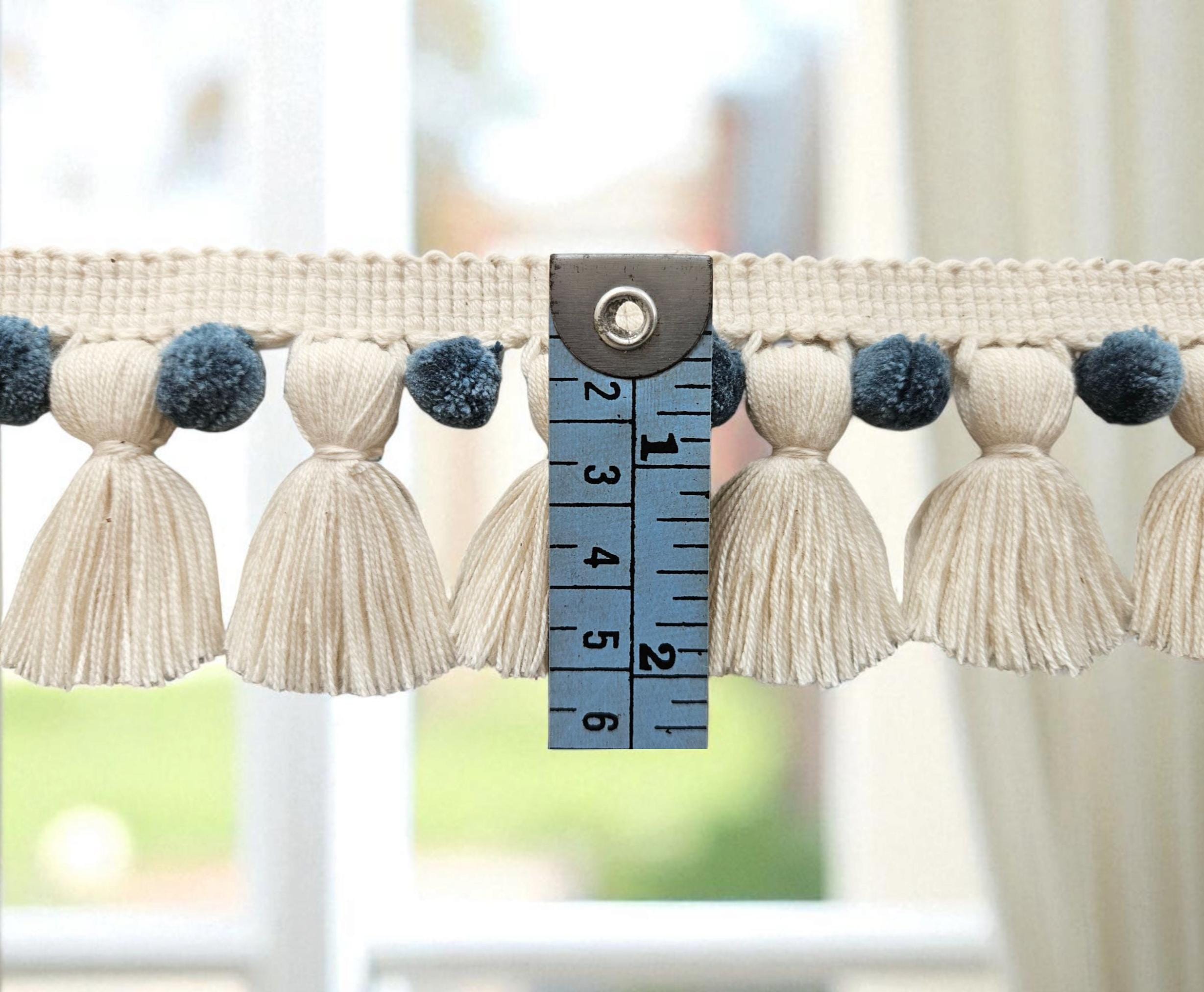 French blue and ivory pom pom tassel trim,  trim by the yard,  pom pom by the yard, tassel fringe trim, pom pom trim, curtain pom pom trim