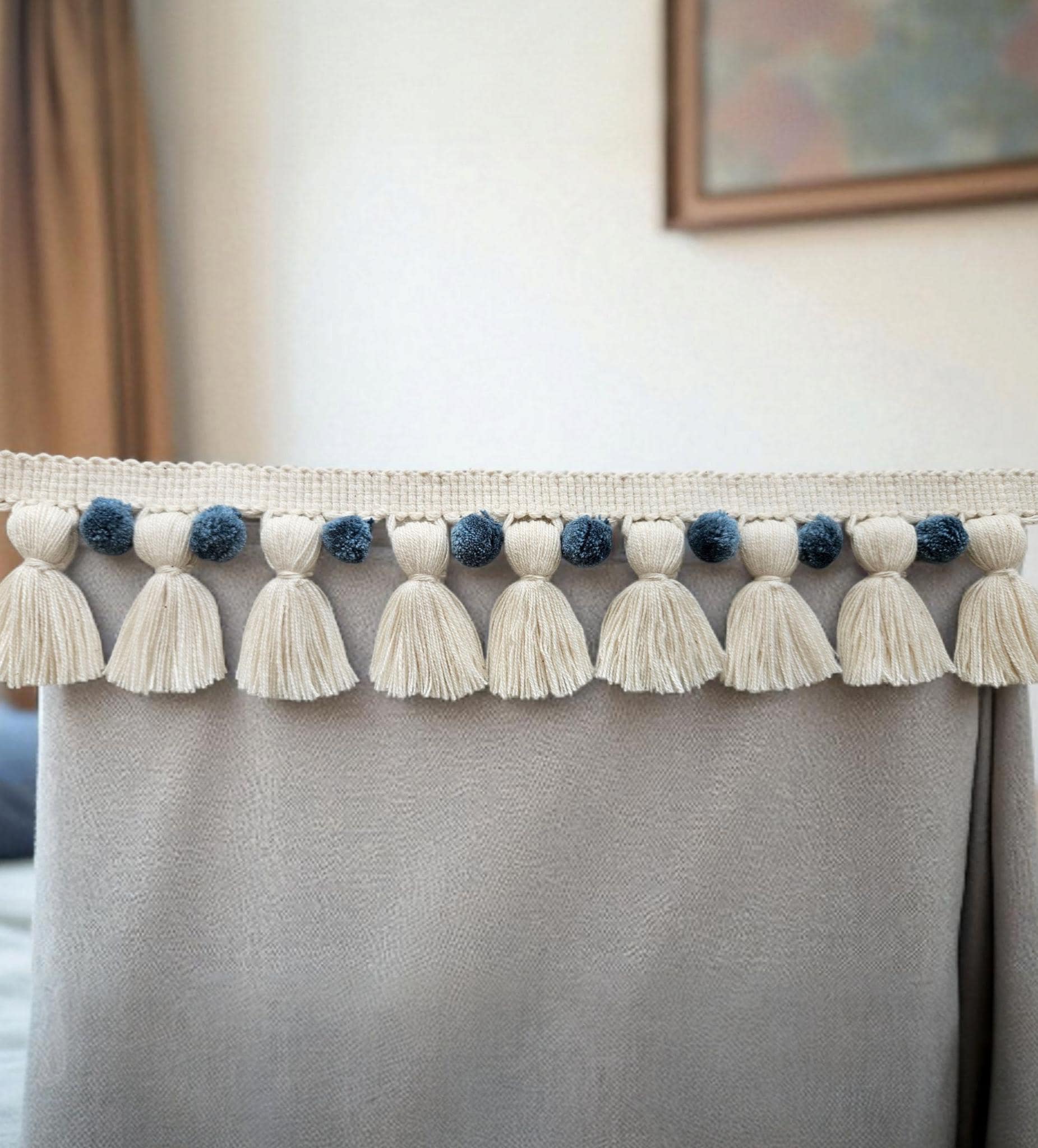 French blue and ivory pom pom tassel trim,  trim by the yard,  pom pom by the yard, tassel fringe trim, pom pom trim, curtain pom pom trim