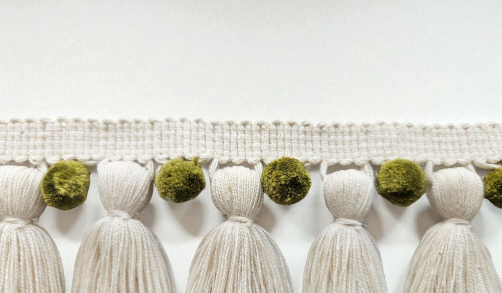 Citrine and ivory pom pom tassel fringe, pom pom trim, trims by the yard, lace, trim, Indian trim, trimming, pom poms, tassel, trimmings