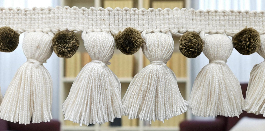 Oak and Ivory pom pom tassel trim, Pom pom tassel trim,  tassel trim by the yard,  tassel trim by the meter,  pom pom trim by the yard