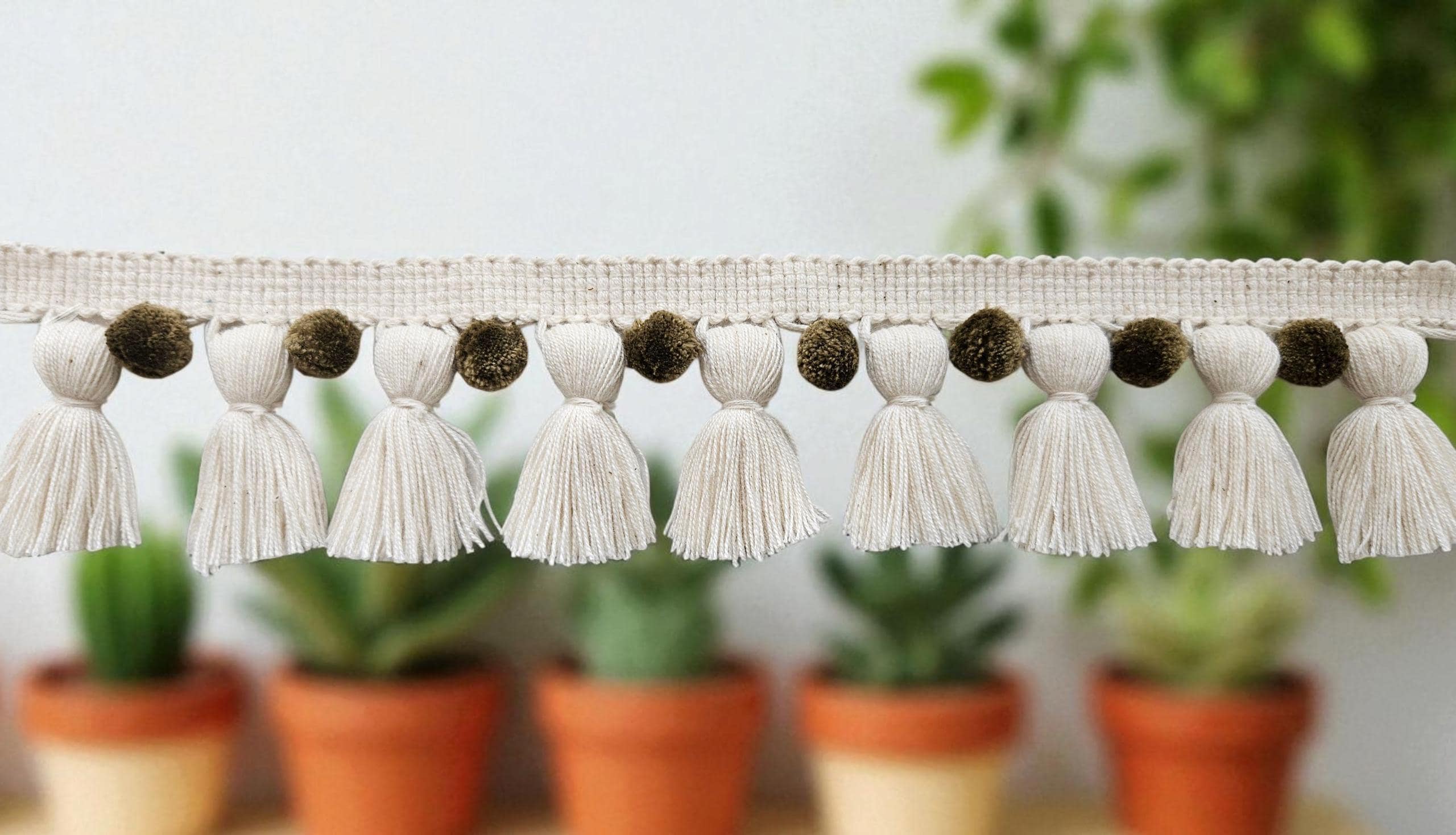 Oak and Ivory pom pom tassel trim, Pom pom tassel trim,  tassel trim by the yard,  tassel trim by the meter,  pom pom trim by the yard