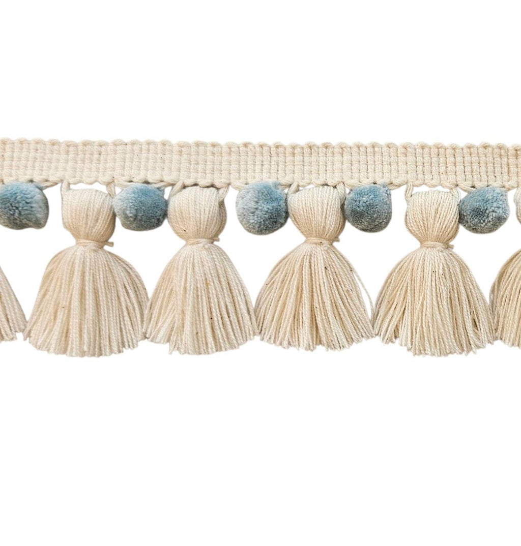 China blue / ivory pom pom tassel trim, 1cm pom pom, 4cm tassel, pom pom trim, tassel trim, pom pom for curtains, tassel for curtains