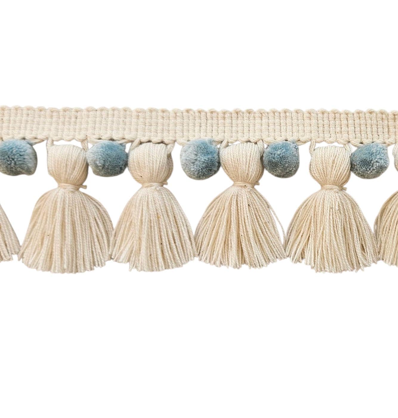 China blue / ivory pom pom tassel trim, 1cm pom pom, 4cm tassel, pom pom trim, tassel trim, pom pom for curtains, tassel for curtains