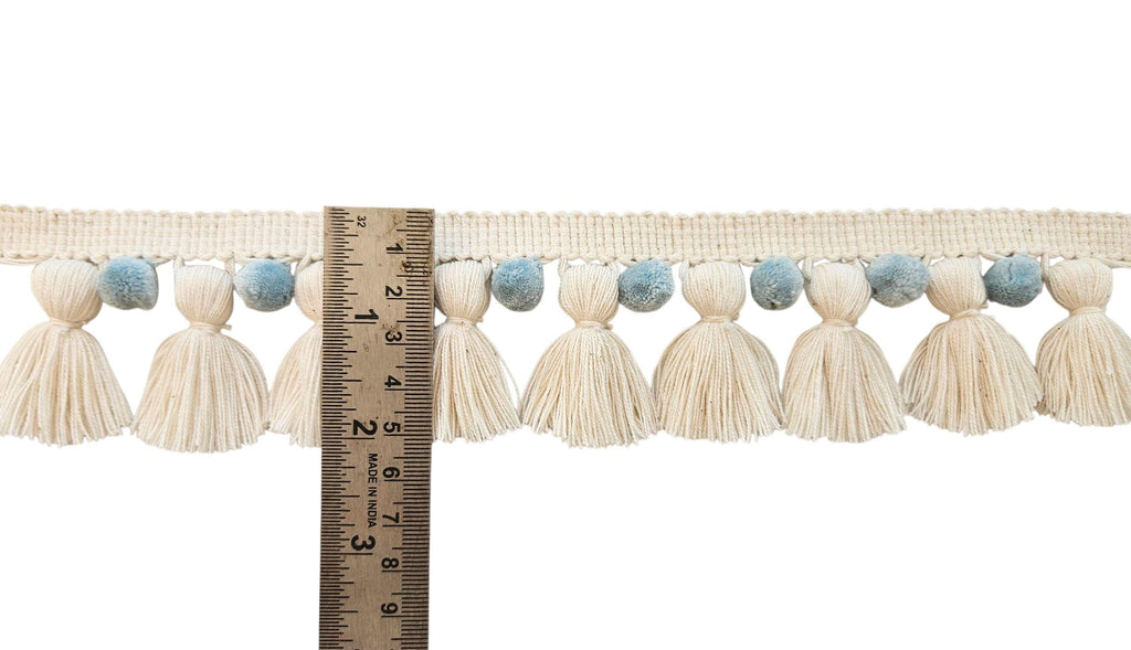 China blue / ivory pom pom tassel trim, 1cm pom pom, 4cm tassel, pom pom trim, tassel trim, pom pom for curtains, tassel for curtains