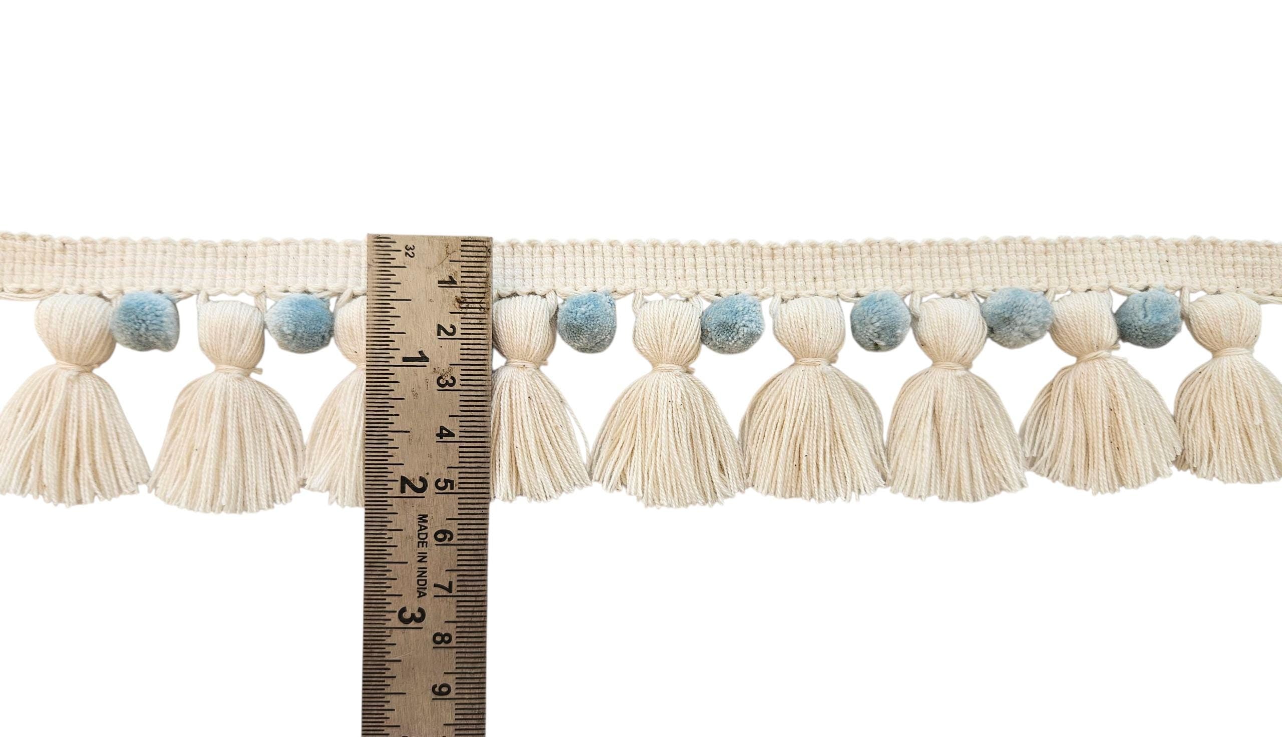 China blue / ivory pom pom tassel trim, 1cm pom pom, 4cm tassel, pom pom trim, tassel trim, pom pom for curtains, tassel for curtains