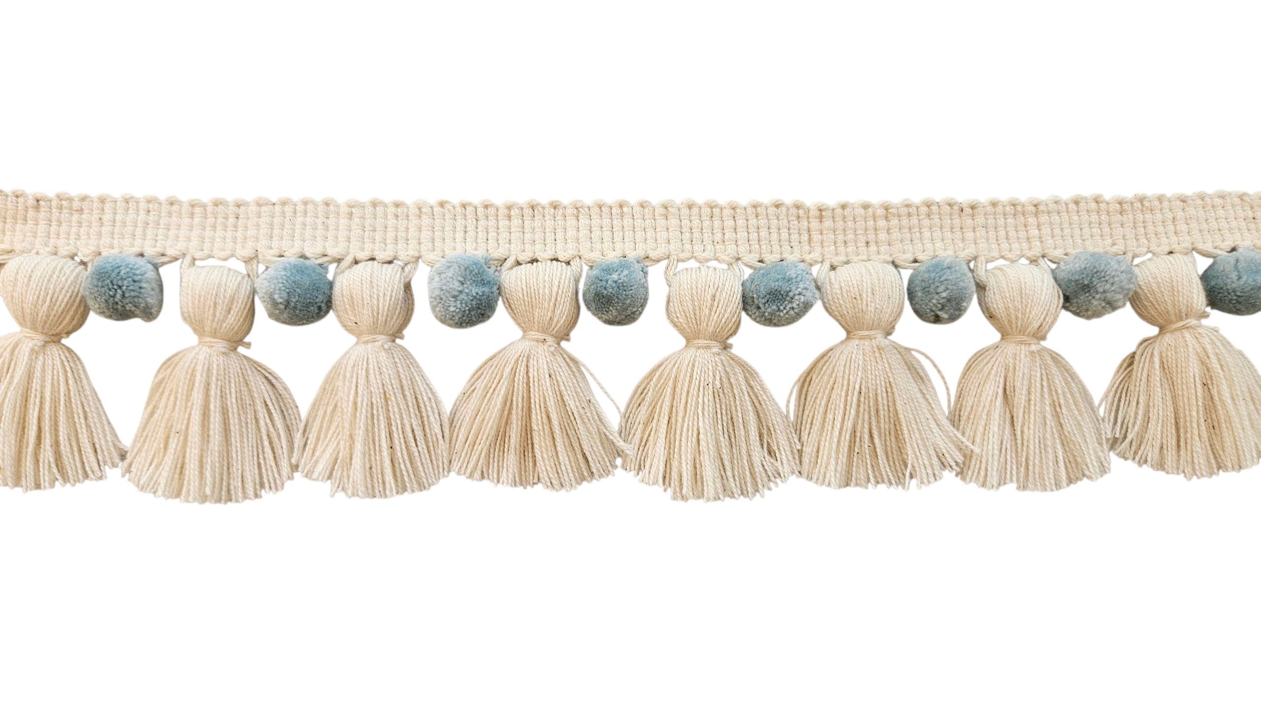 China blue / ivory pom pom tassel trim, 1cm pom pom, 4cm tassel, pom pom trim, tassel trim, pom pom for curtains, tassel for curtains