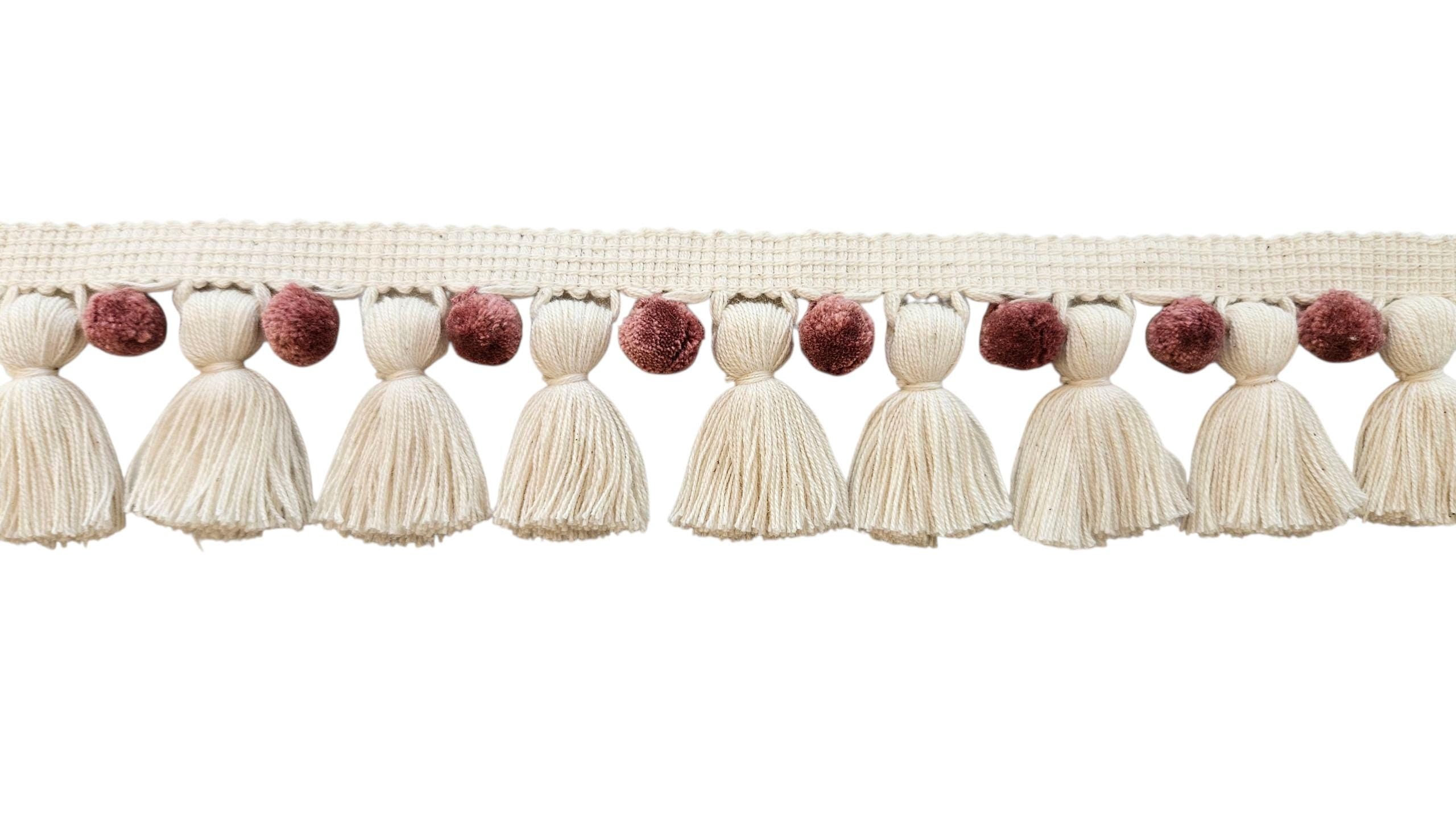 Hellebore / ivory color pom pom tassel trim, 1cm pom pom, 4cm tassel, pom pom trim, tassel trim, pom pom for curtains, cushion trim