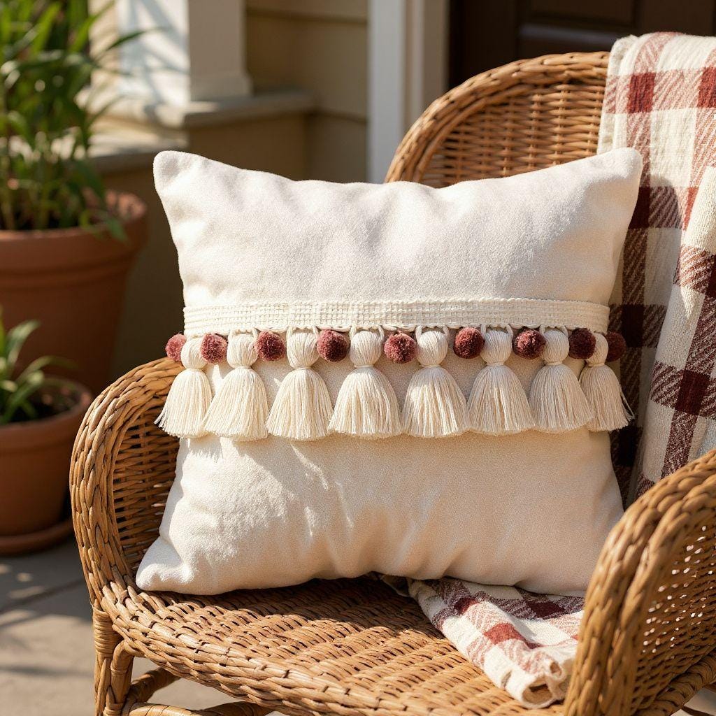 Hellebore / ivory color pom pom tassel trim, 1cm pom pom, 4cm tassel, pom pom trim, tassel trim, pom pom for curtains, cushion trim