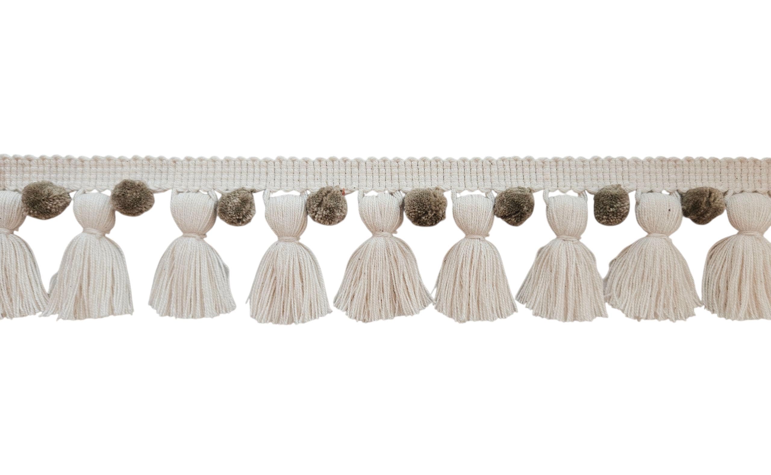 Beech color / ivory color pom pom tassel trim, 1cm pom pom, 4cm tassel, pom pom trim, tassel trim, pom pom for curtains, 2" inch width trim