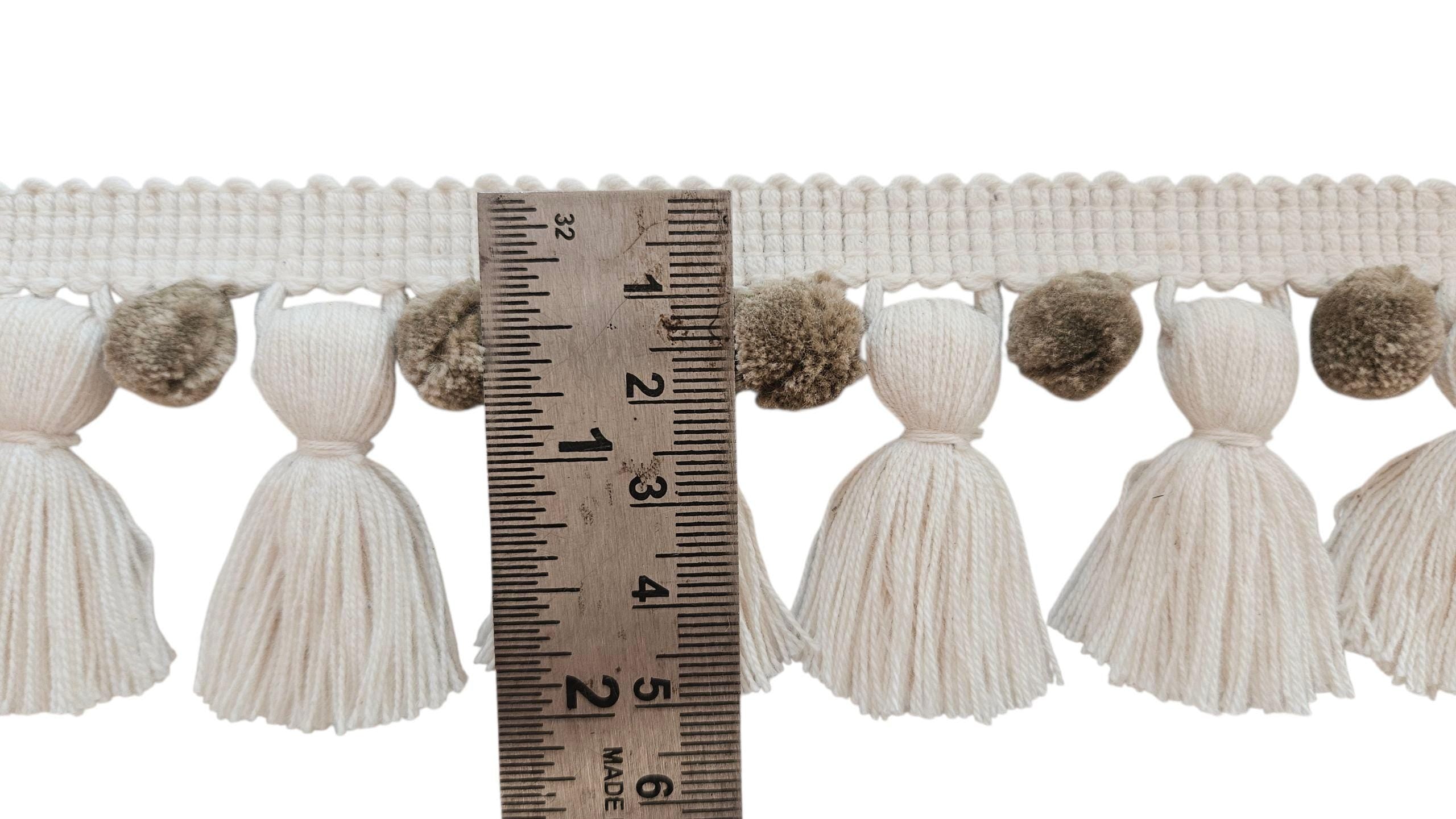 Beech color / ivory color pom pom tassel trim, 1cm pom pom, 4cm tassel, pom pom trim, tassel trim, pom pom for curtains, 2" inch width trim