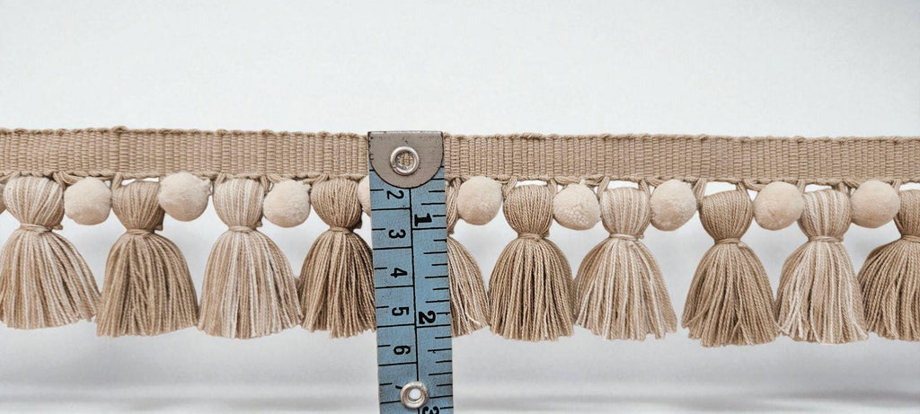Beige / ivory pom pom tassel trim, tassel fringe & pom pom trim, tassel pom pom trim, boho trim UK, mini pom pom trim, tassel trim