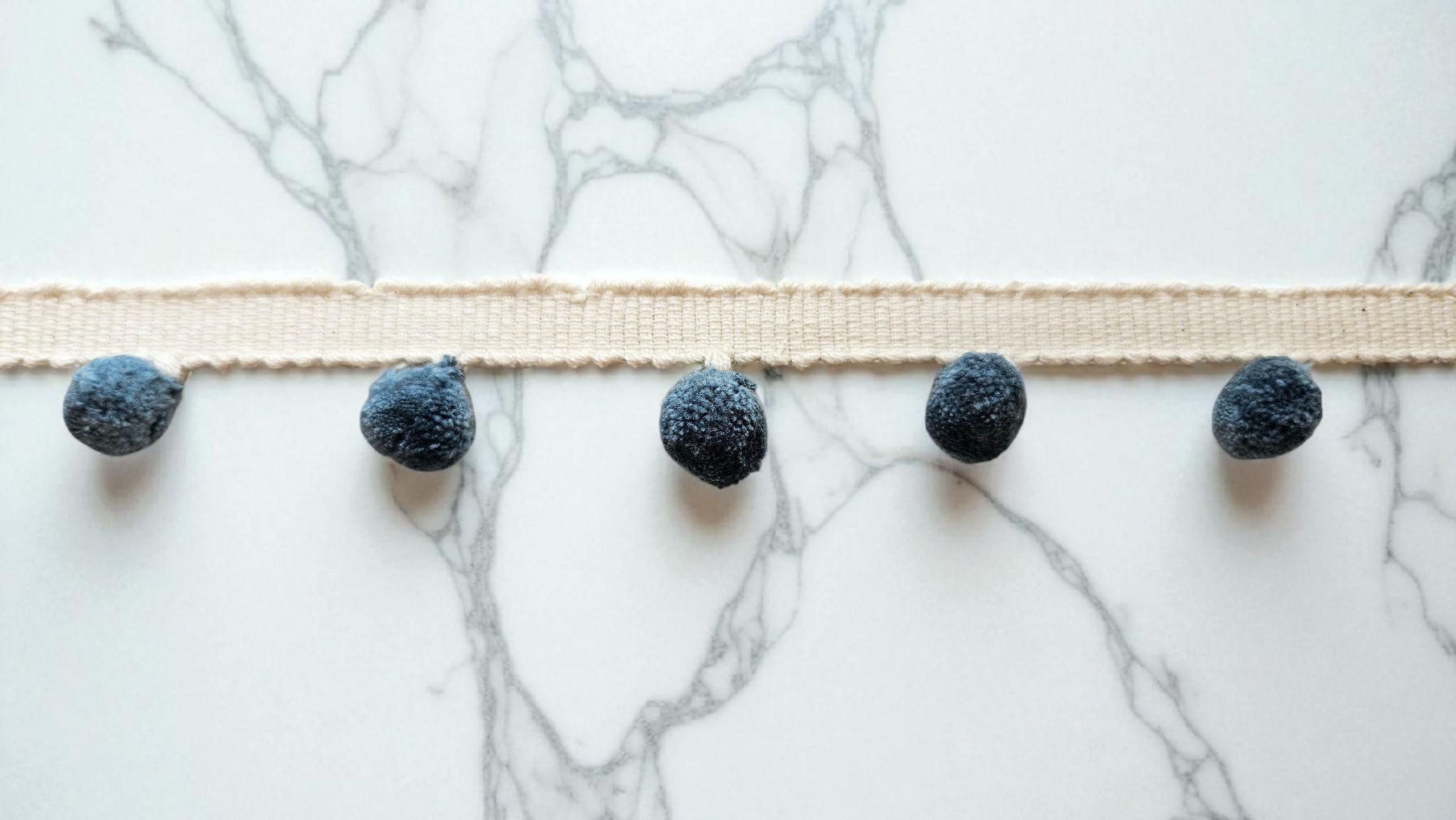 French Blue Pom Pom Trim: 1cm Cotton Lace Border