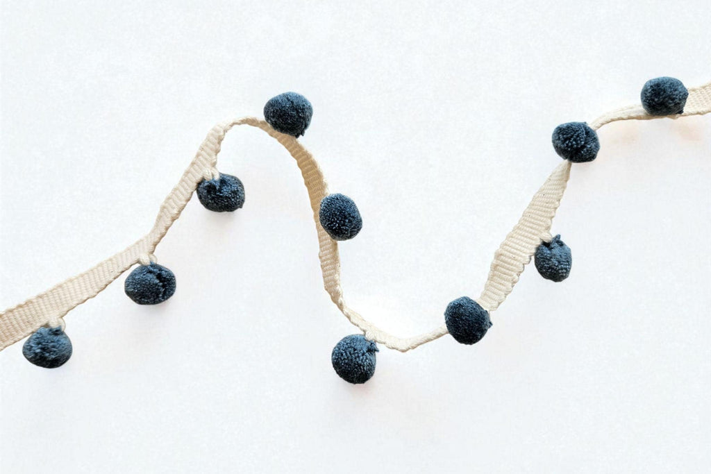 French Blue Pom Pom Trim: 1cm Cotton Lace Border