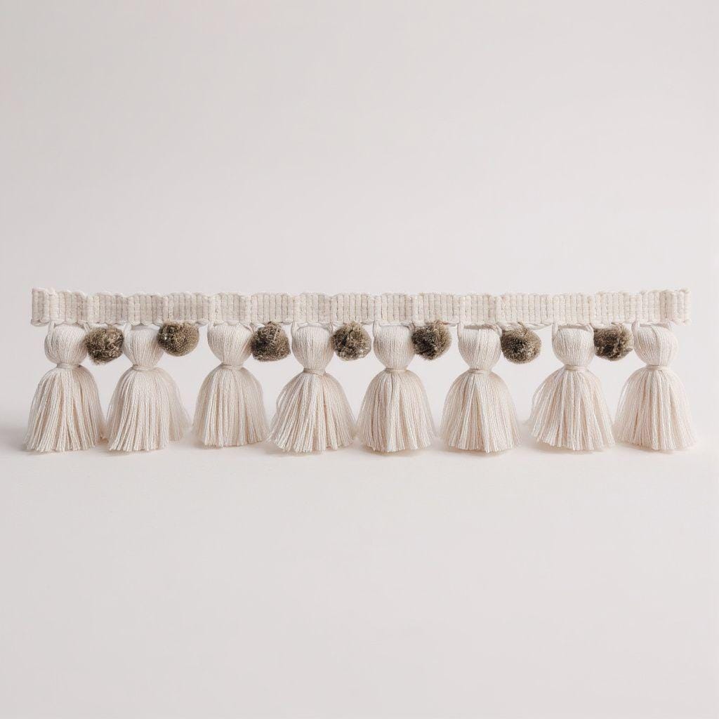 Beech color / ivory color pom pom tassel trim, 1cm pom pom, 4cm tassel, pom pom trim, tassel trim, pom pom for curtains, 2" inch width trim