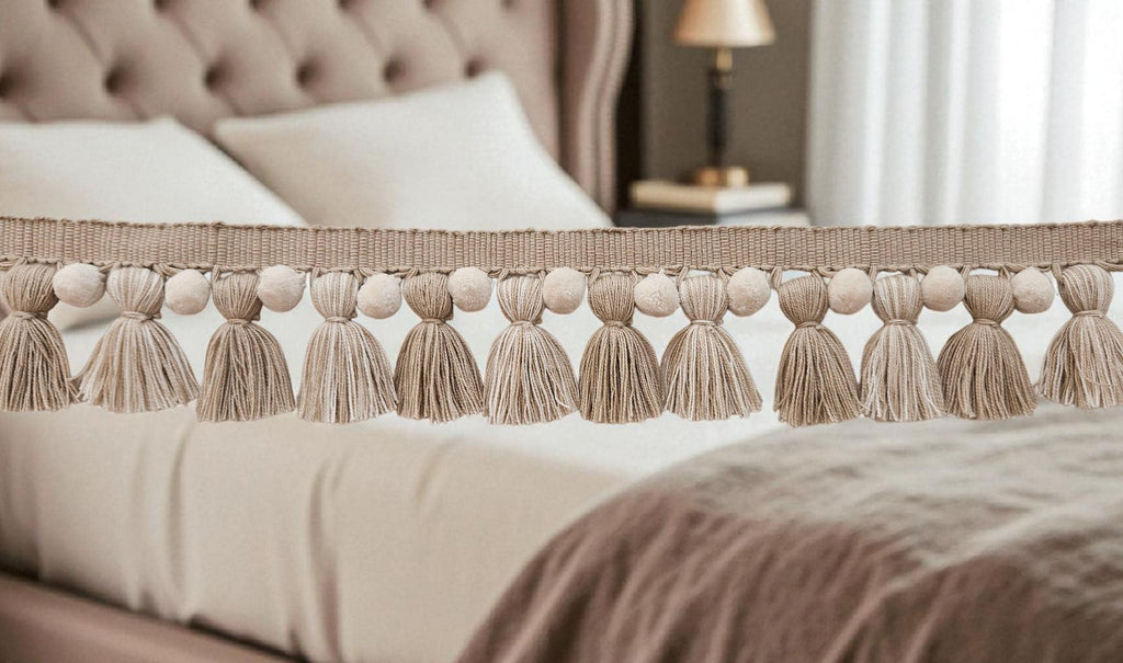 Beige / ivory pom pom tassel trim, tassel fringe & pom pom trim, tassel pom pom trim, boho trim UK, mini pom pom trim, tassel trim