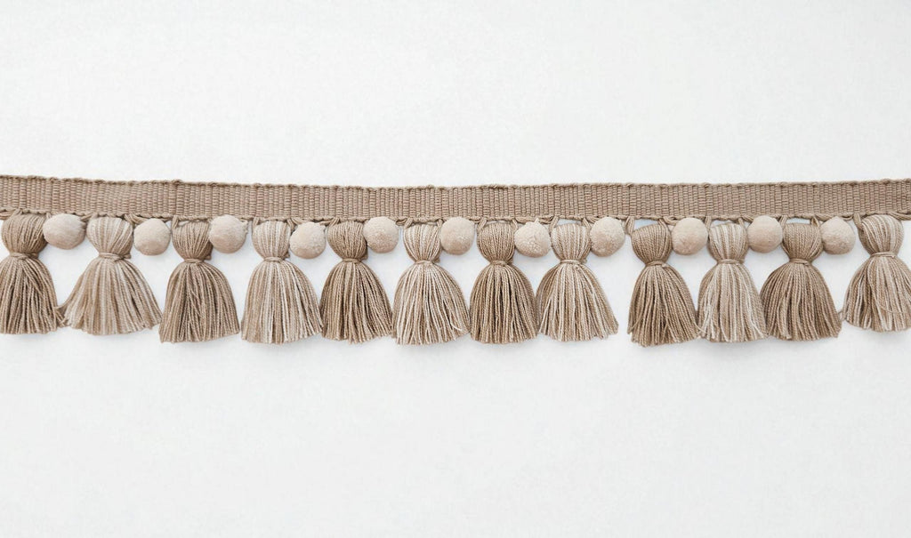 Beige / ivory pom pom tassel trim, tassel fringe & pom pom trim, tassel pom pom trim, boho trim UK, mini pom pom trim, tassel trim