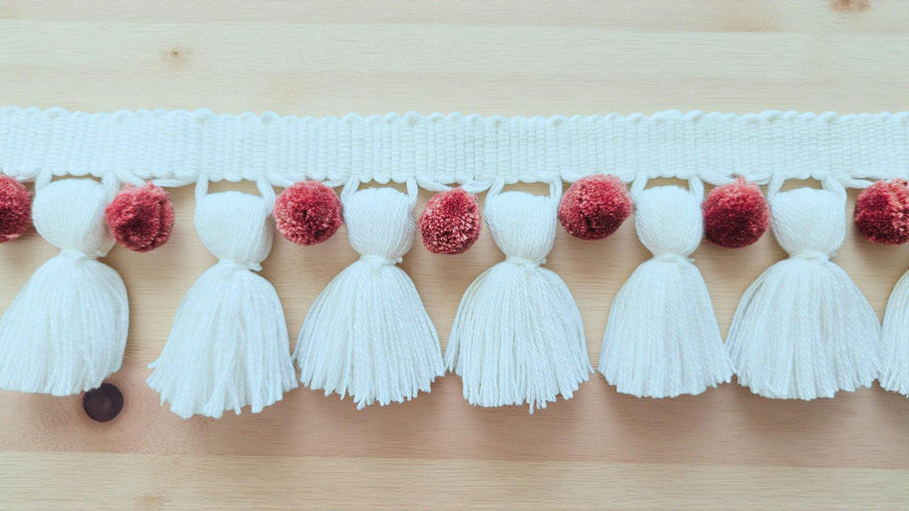 Colourful Pom Pom Trim for Sewing, Crafts & Home Décor  Boho Fringe Ribbon, White Tassel / Hellebore Pom Poms